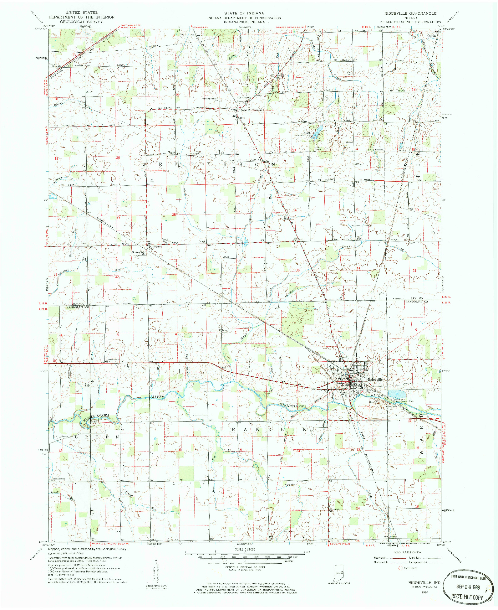 USGS 1:24000-SCALE QUADRANGLE FOR RIDGEVILLE, IN 1960