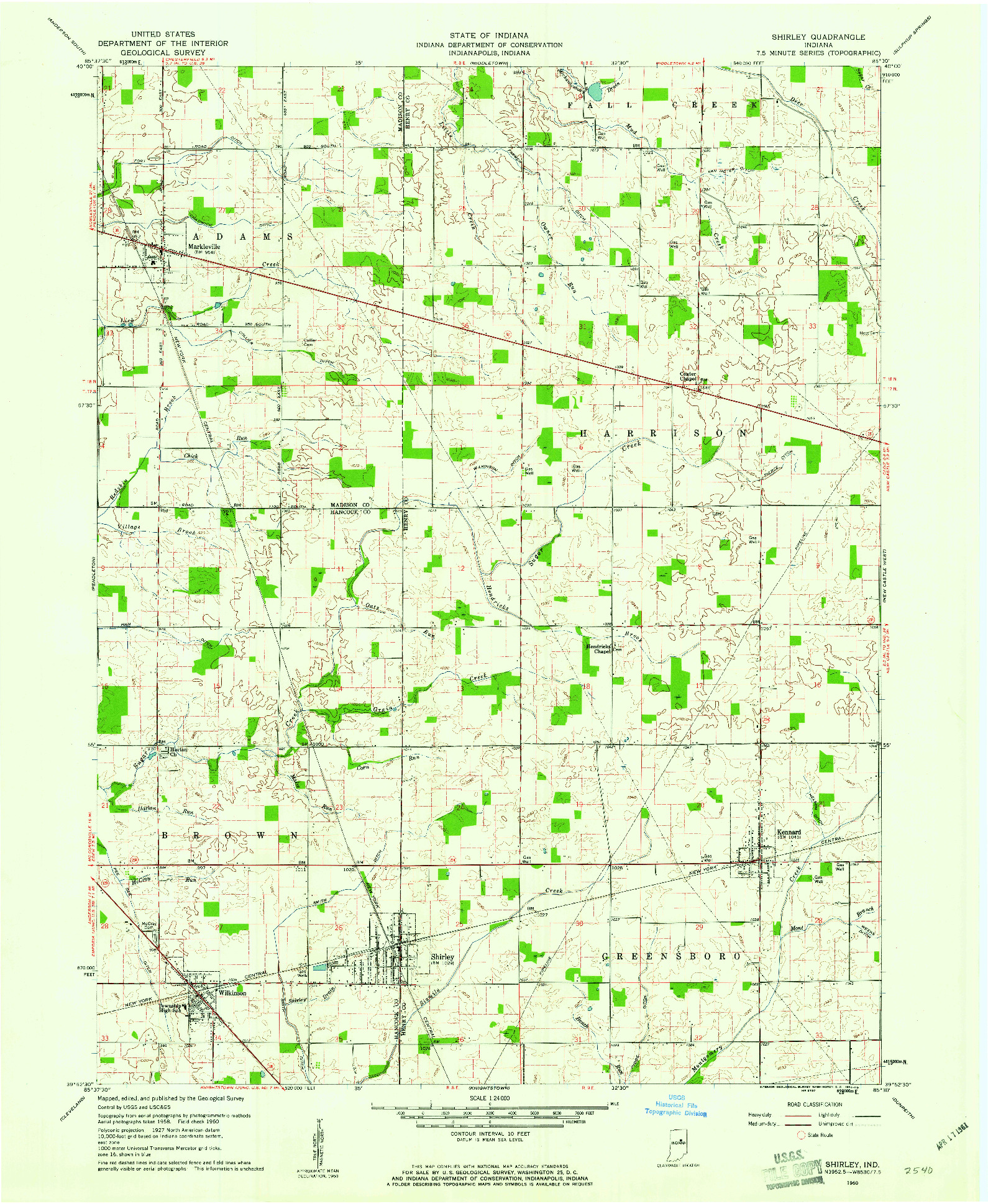 USGS 1:24000-SCALE QUADRANGLE FOR SHIRLEY, IN 1960