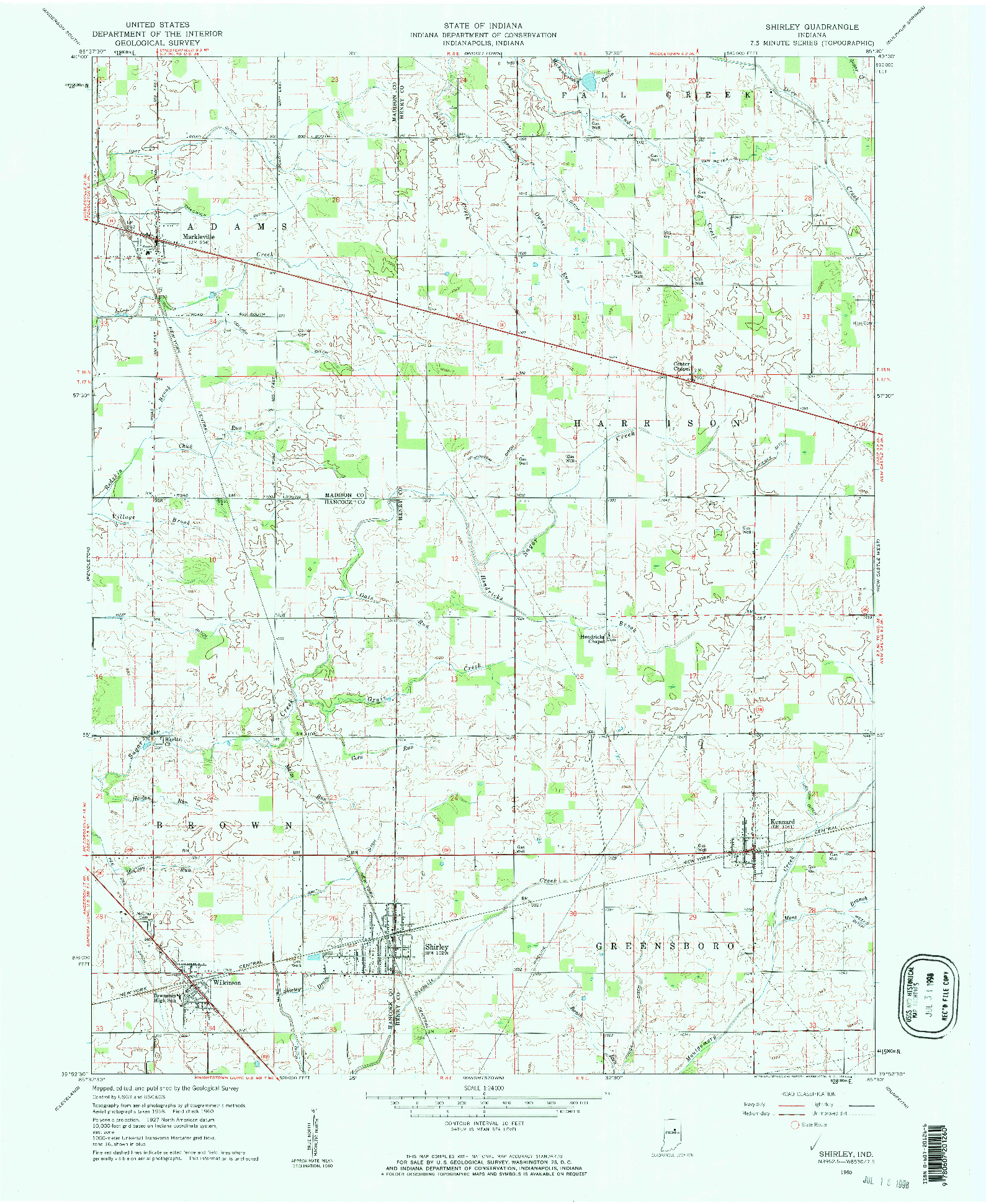 USGS 1:24000-SCALE QUADRANGLE FOR SHIRLEY, IN 1960