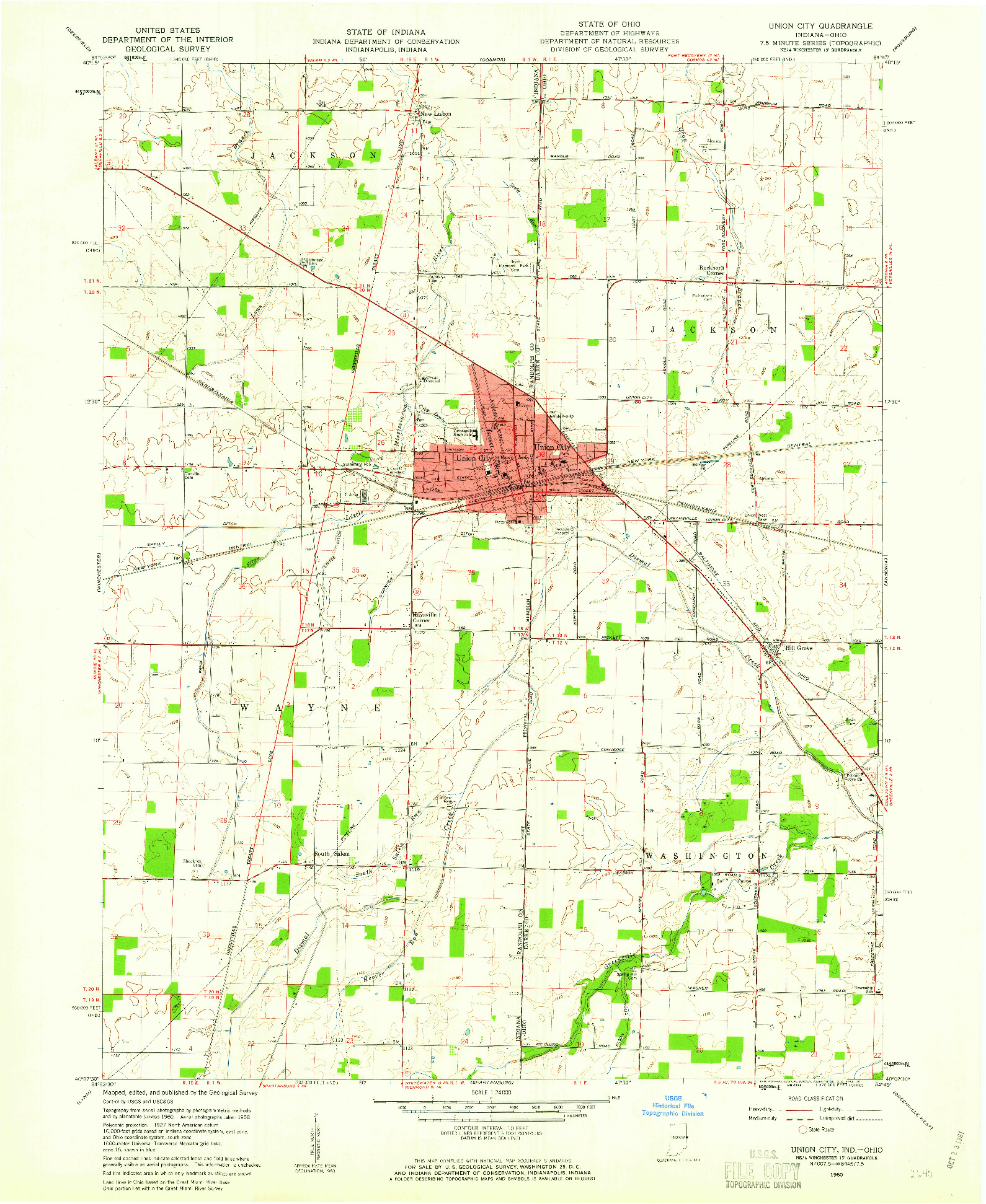 USGS 1:24000-SCALE QUADRANGLE FOR UNION CITY, IN 1960