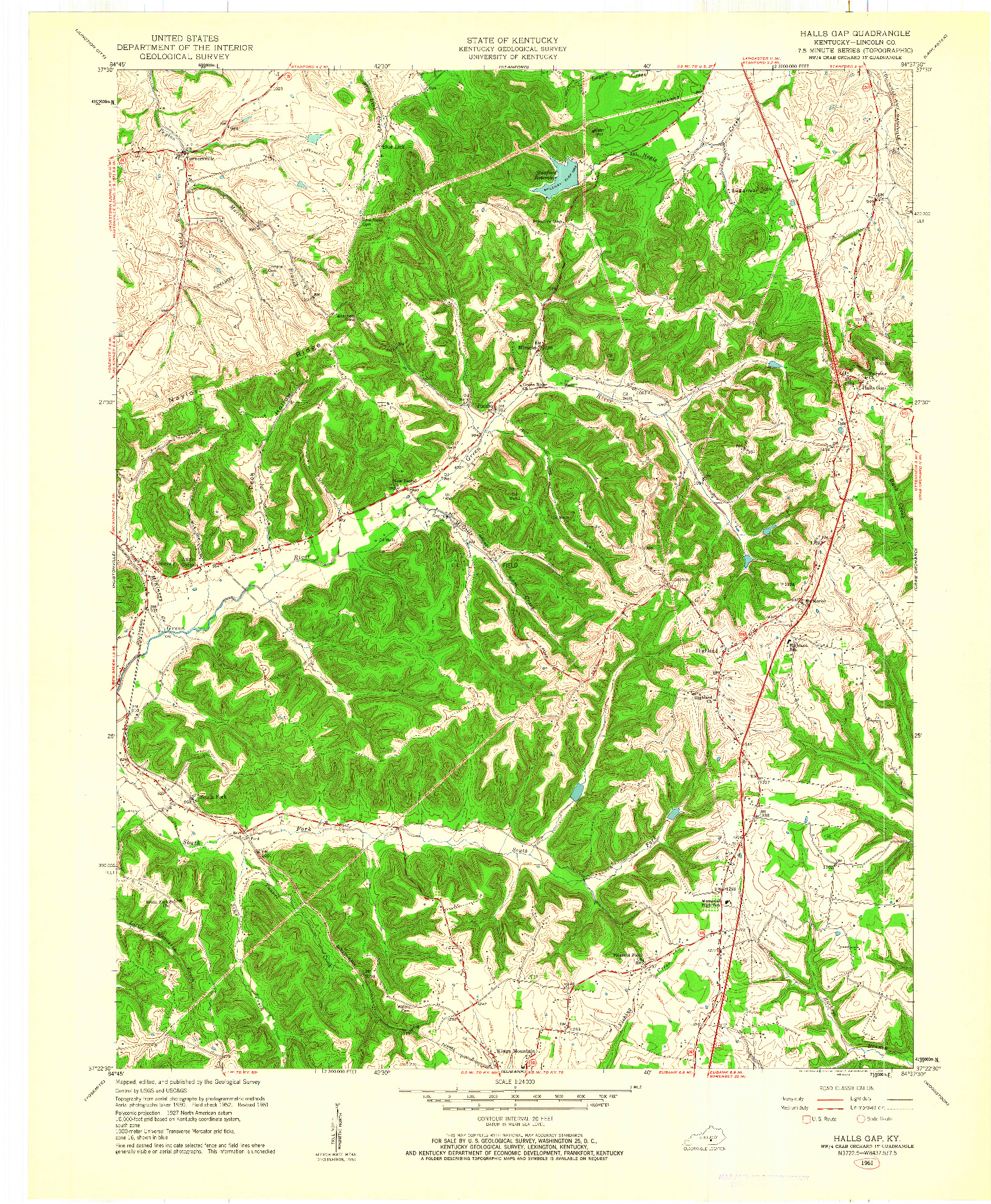 USGS 1:24000-SCALE QUADRANGLE FOR HALLS GAP, KY 1961