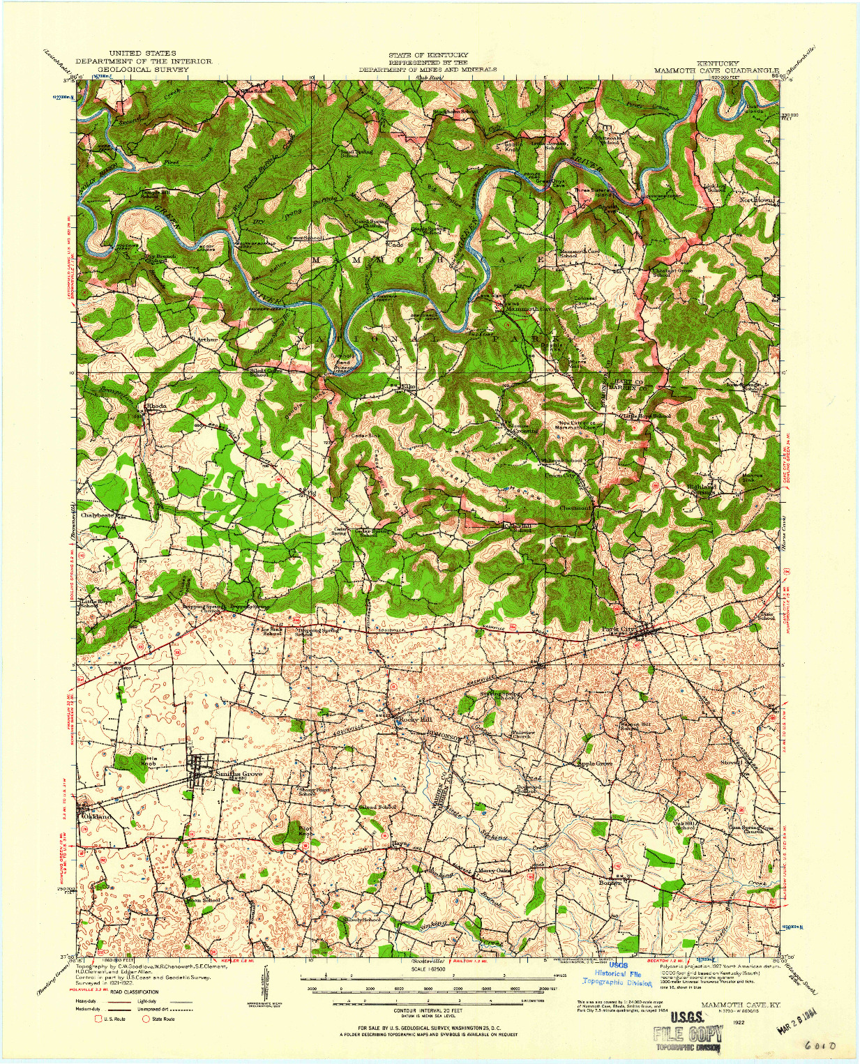 USGS 1:62500-SCALE QUADRANGLE FOR MAMMOTH CAVE, KY 1922