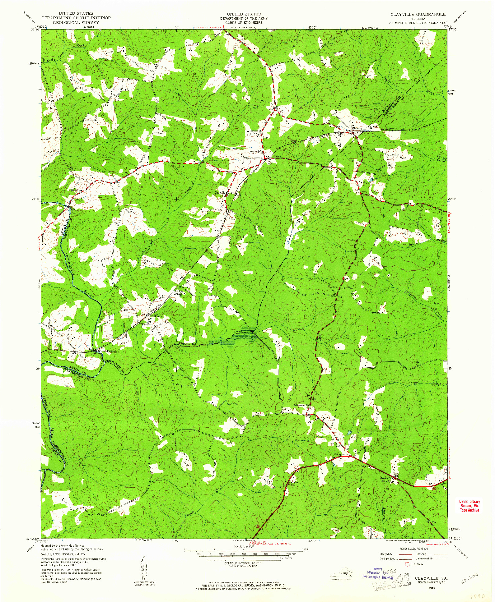 USGS 1:24000-SCALE QUADRANGLE FOR CLAYVILLE, VA 1943