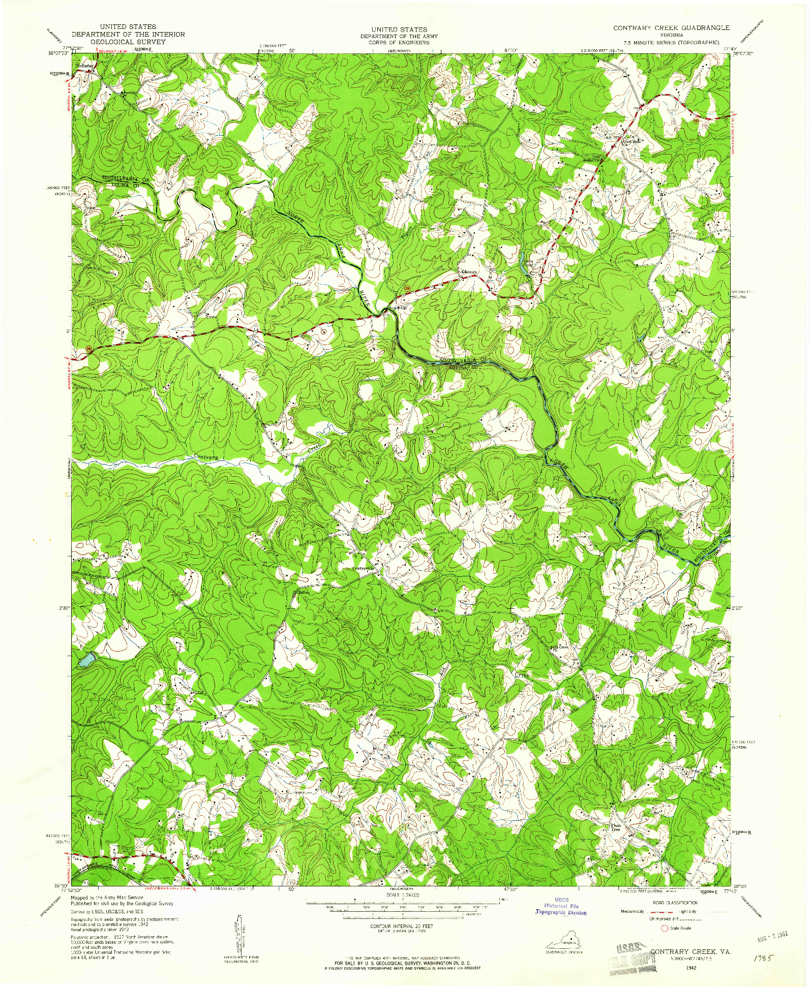 USGS 1:24000-SCALE QUADRANGLE FOR CONTRARY CREEK, VA 1942