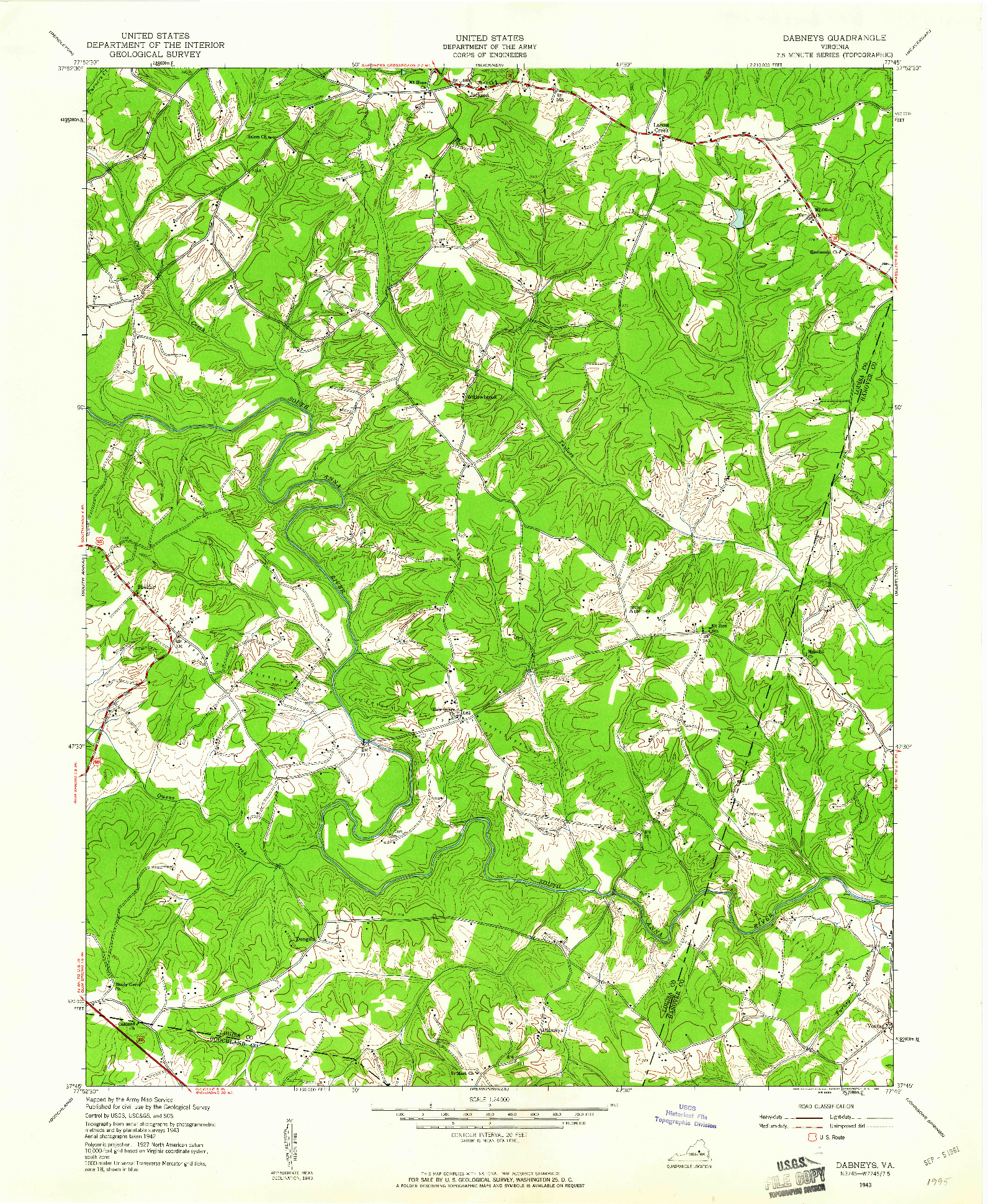 USGS 1:24000-SCALE QUADRANGLE FOR DABNEYS, VA 1943