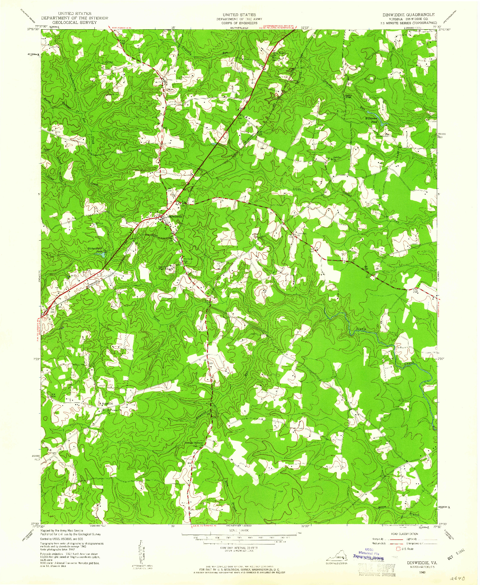 USGS 1:24000-SCALE QUADRANGLE FOR DINWIDDIE, VA 1943