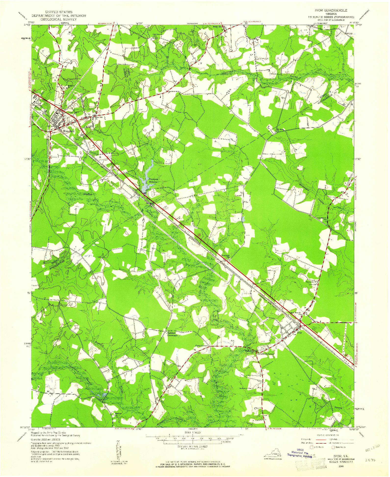 USGS 1:24000-SCALE QUADRANGLE FOR IVOR, VA 1944