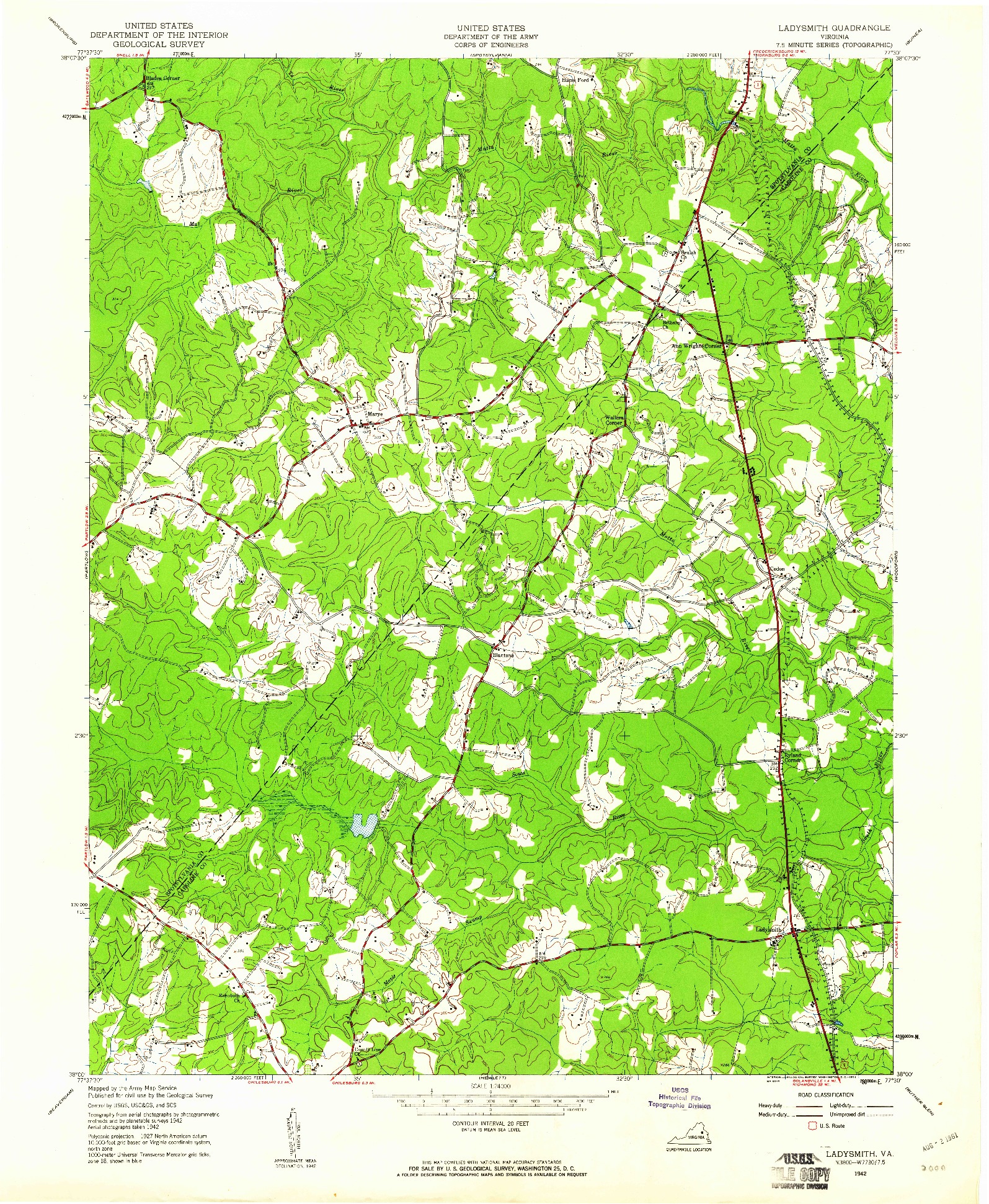 USGS 1:24000-SCALE QUADRANGLE FOR LADYSMITH, VA 1942