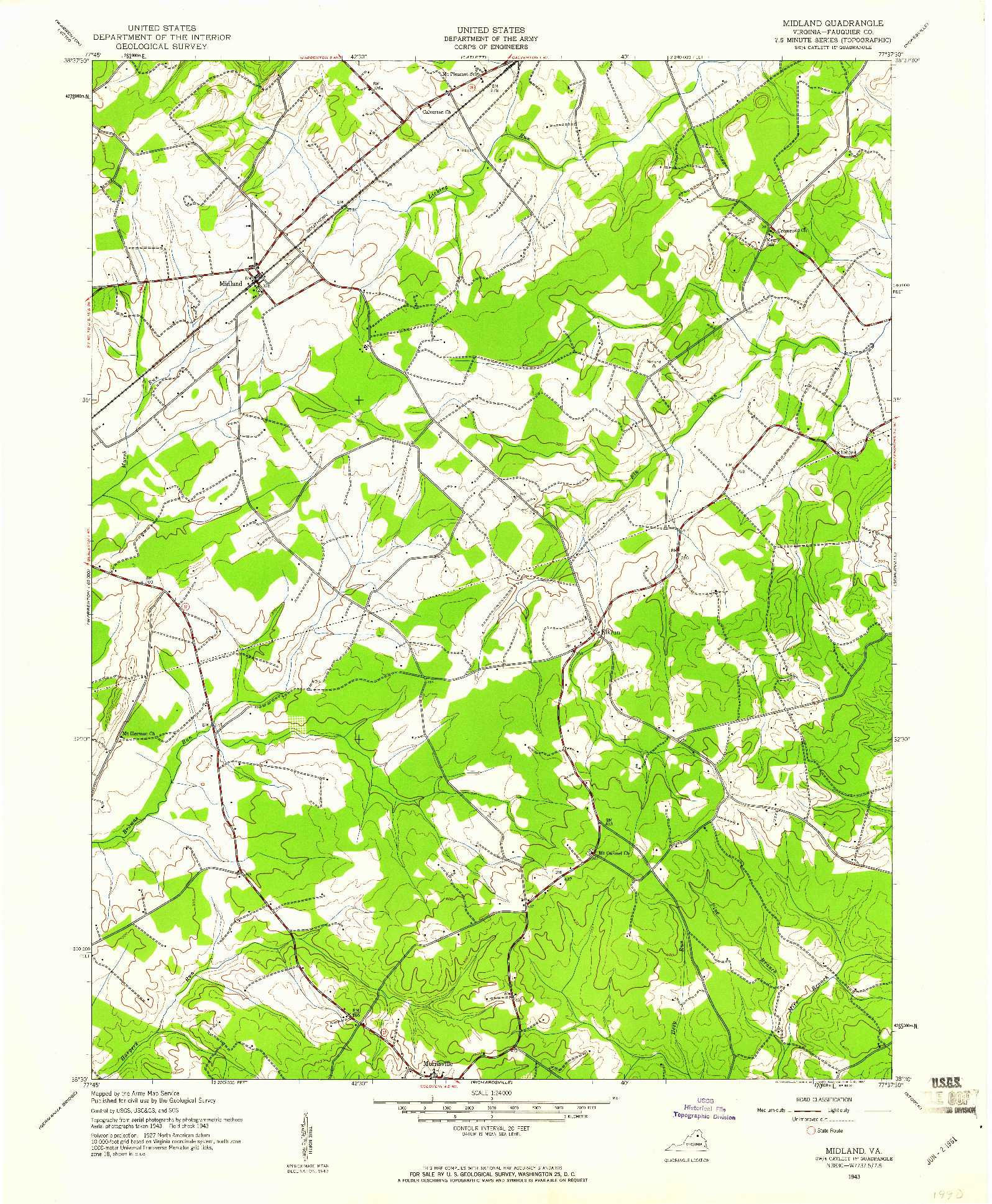 USGS 1:24000-SCALE QUADRANGLE FOR MIDLAND, VA 1943