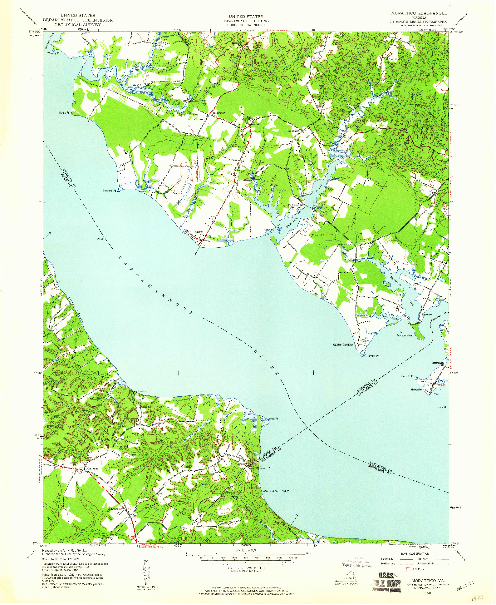 USGS 1:24000-SCALE QUADRANGLE FOR MORATTICO, VA 1944