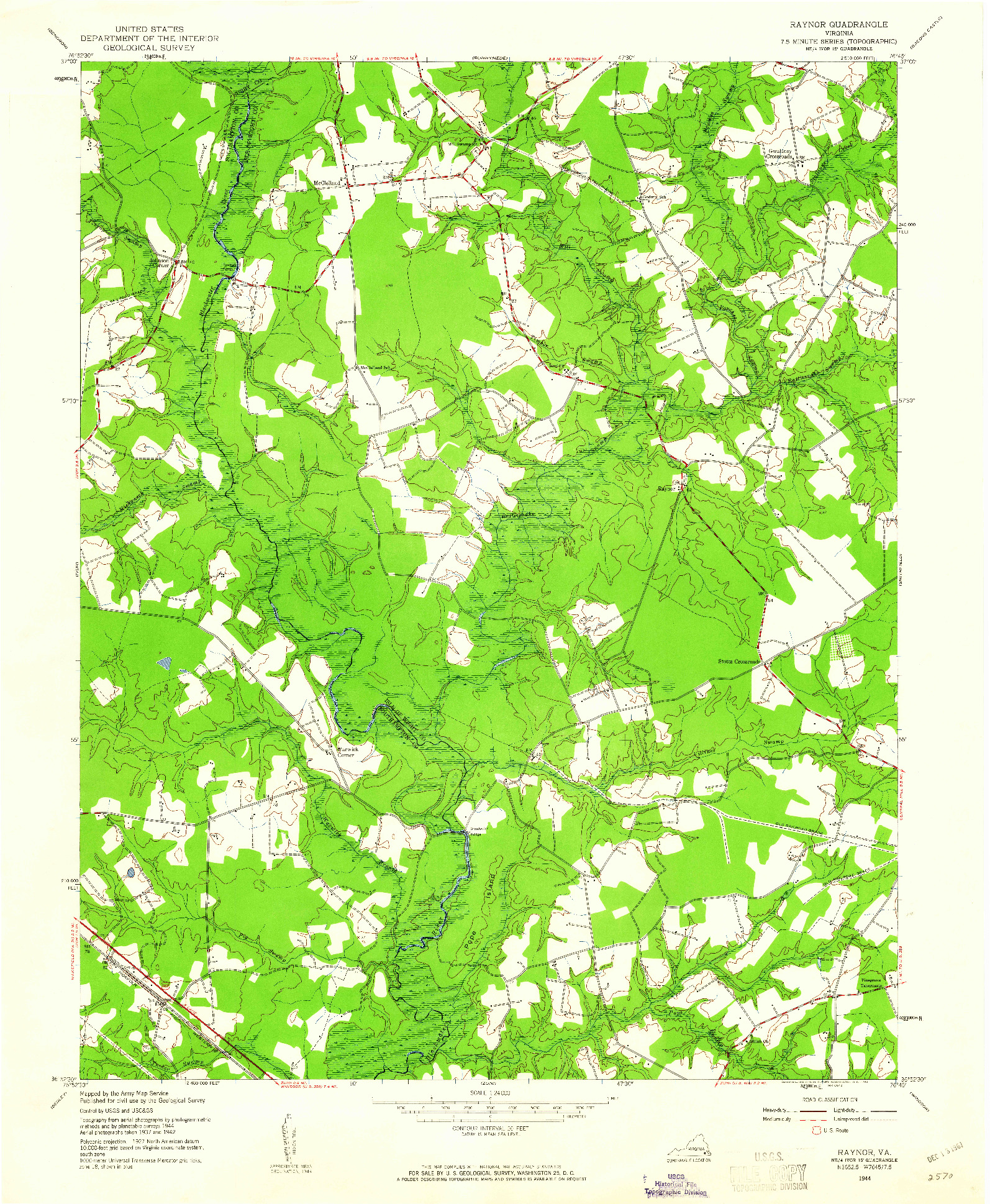 USGS 1:24000-SCALE QUADRANGLE FOR RAYNOR, VA 1944