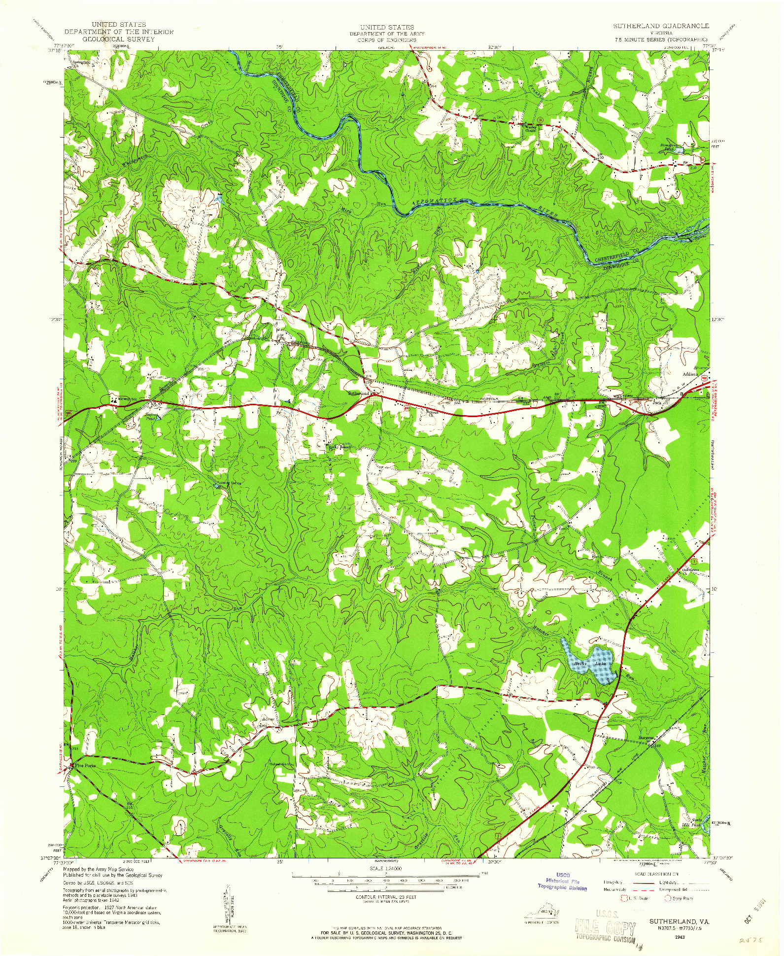 USGS 1:24000-SCALE QUADRANGLE FOR SUTHERLAND, VA 1943