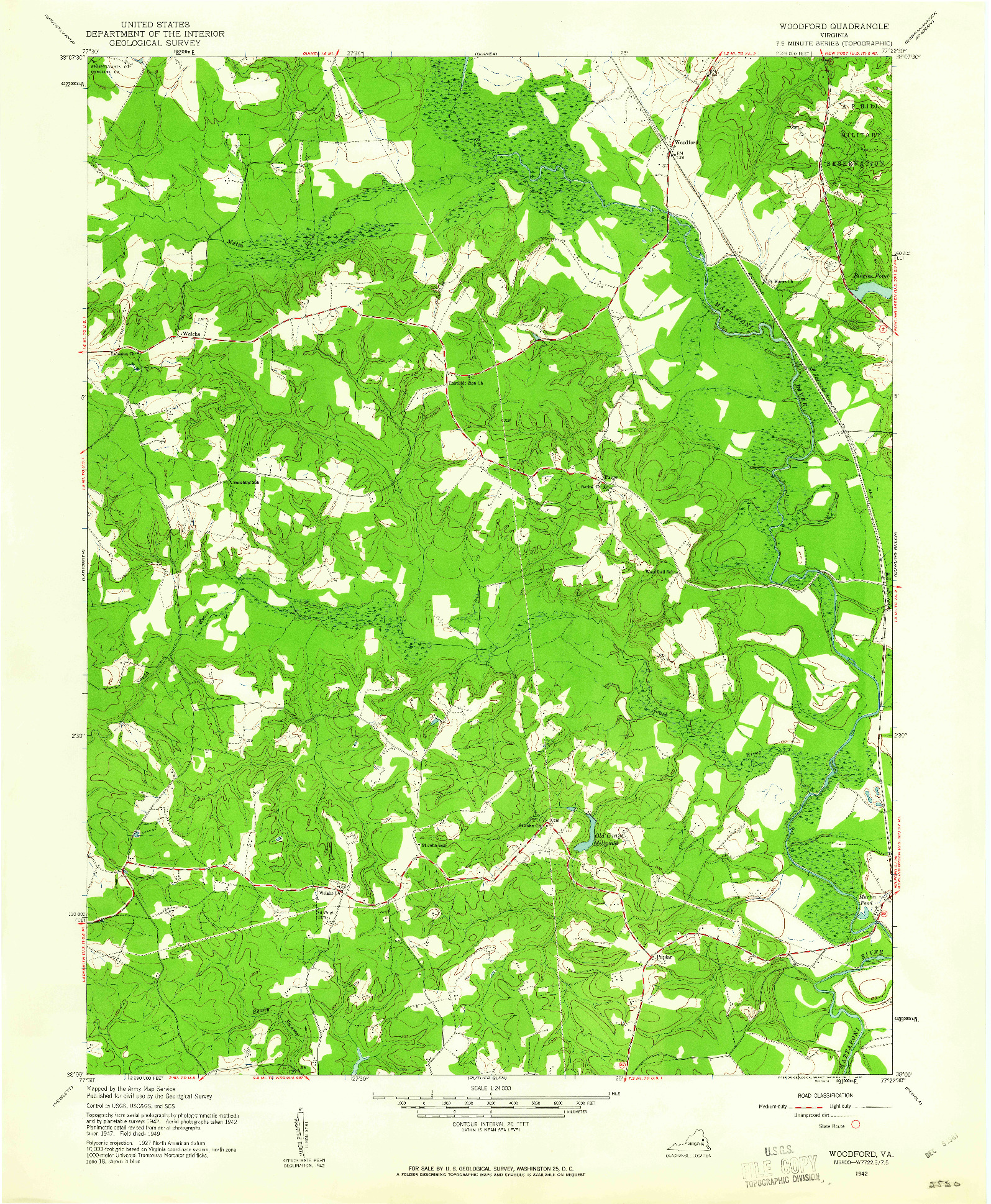 USGS 1:24000-SCALE QUADRANGLE FOR WOODFORD, VA 1942