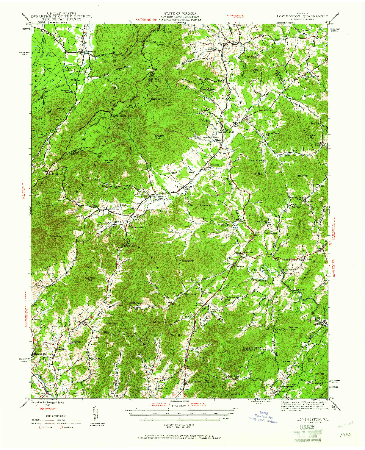 USGS 1:62500-SCALE QUADRANGLE FOR LOVINGSTON, VA 1943