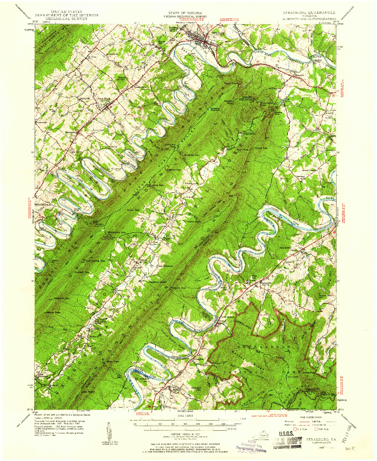 USGS 1:62500-SCALE QUADRANGLE FOR STRASBURG, VA 1947