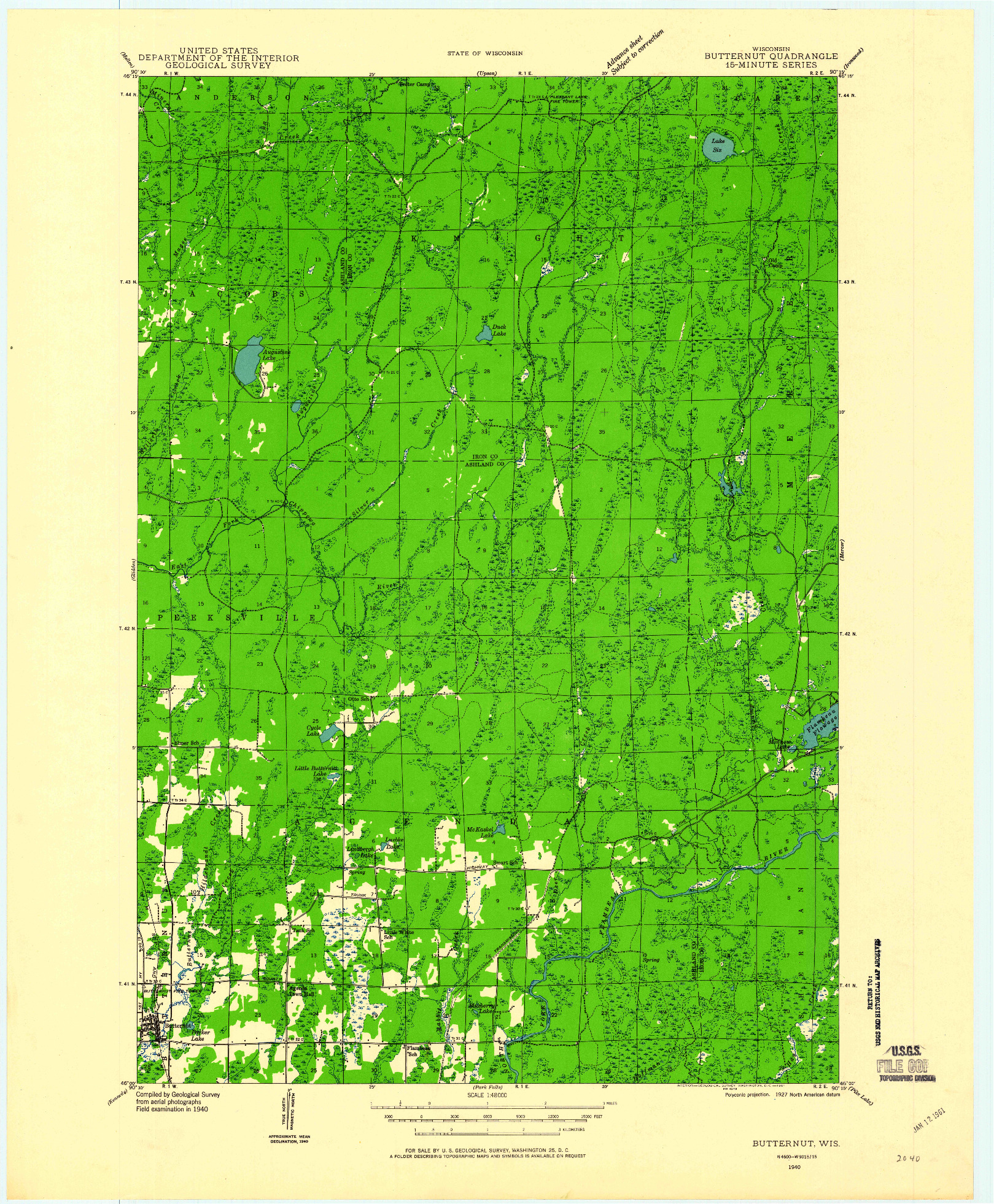 USGS 1:48000-SCALE QUADRANGLE FOR BUTTERNUT, WI 1940