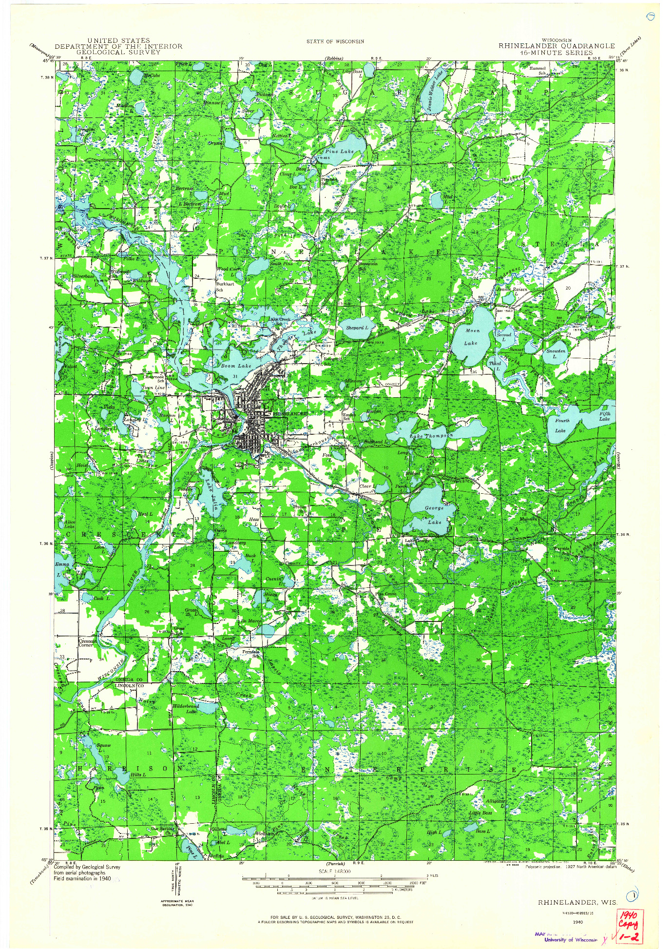 USGS 1:48000-SCALE QUADRANGLE FOR RHINELANDER, WI 1940