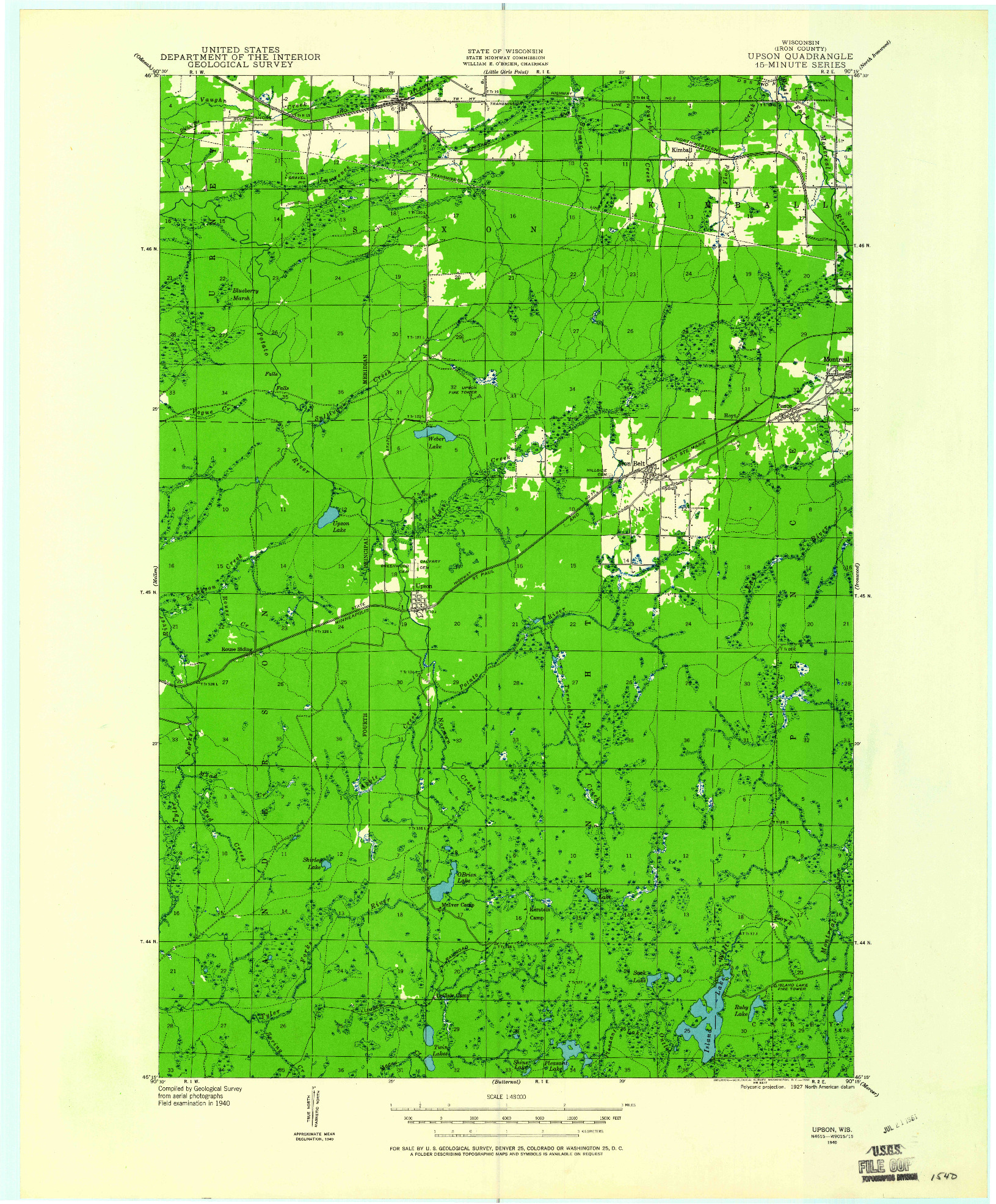 USGS 1:48000-SCALE QUADRANGLE FOR UPSON, WI 1940