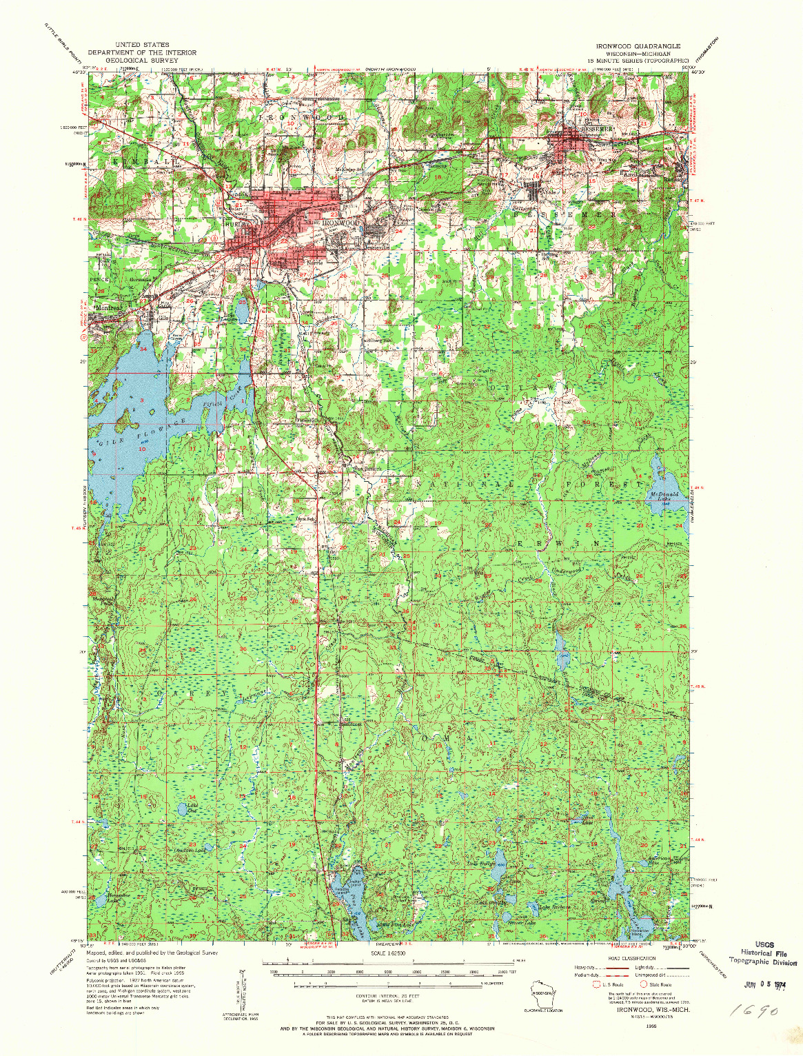 USGS 1:62500-SCALE QUADRANGLE FOR IRONWOOD, WI 1955