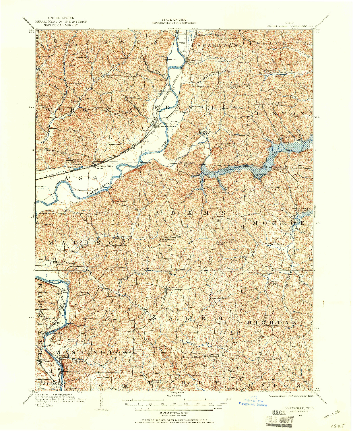 USGS 1:62500-SCALE QUADRANGLE FOR CONESVILLE, OH 1908
