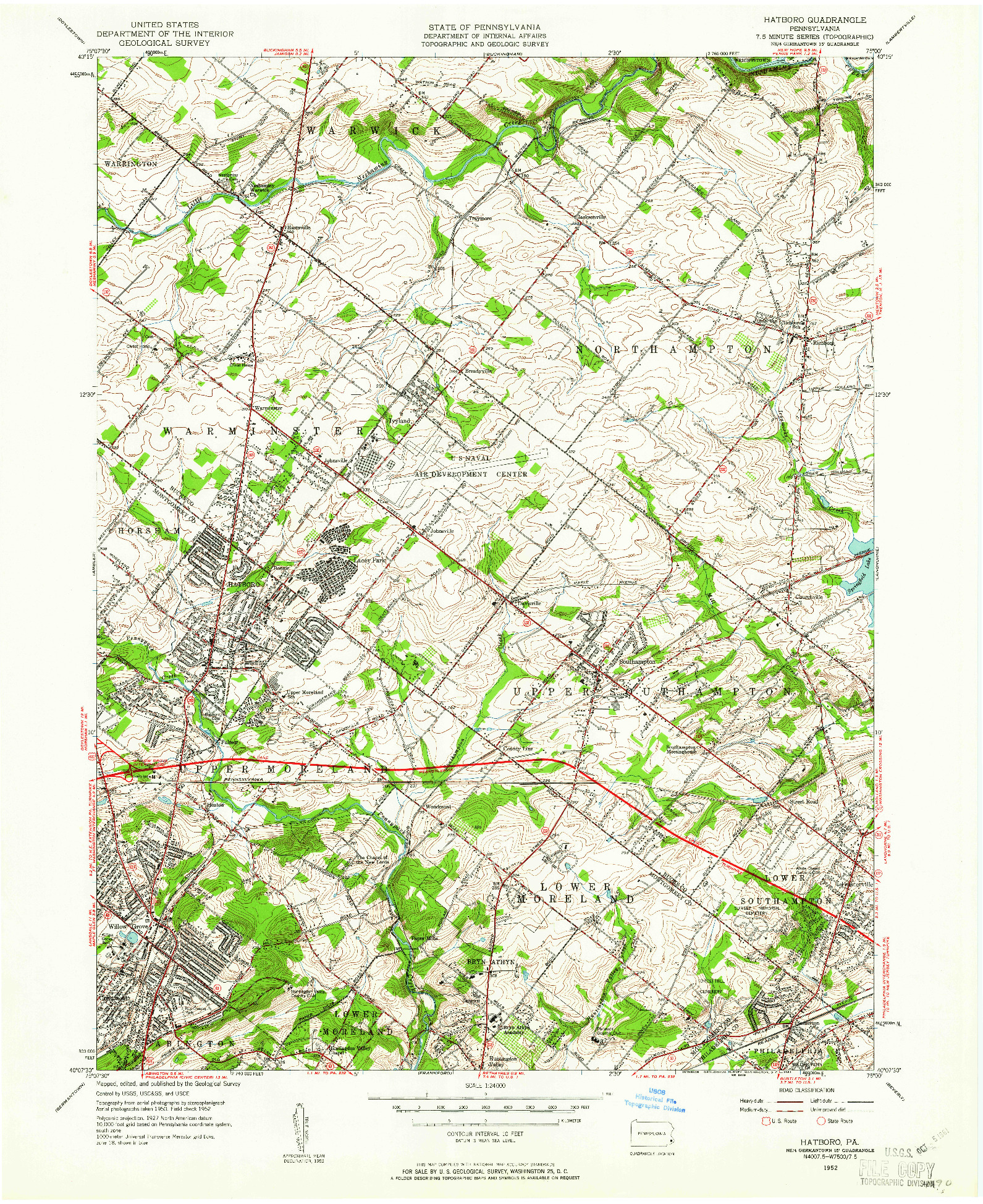 USGS 1:24000-SCALE QUADRANGLE FOR HATBORO, PA 1952