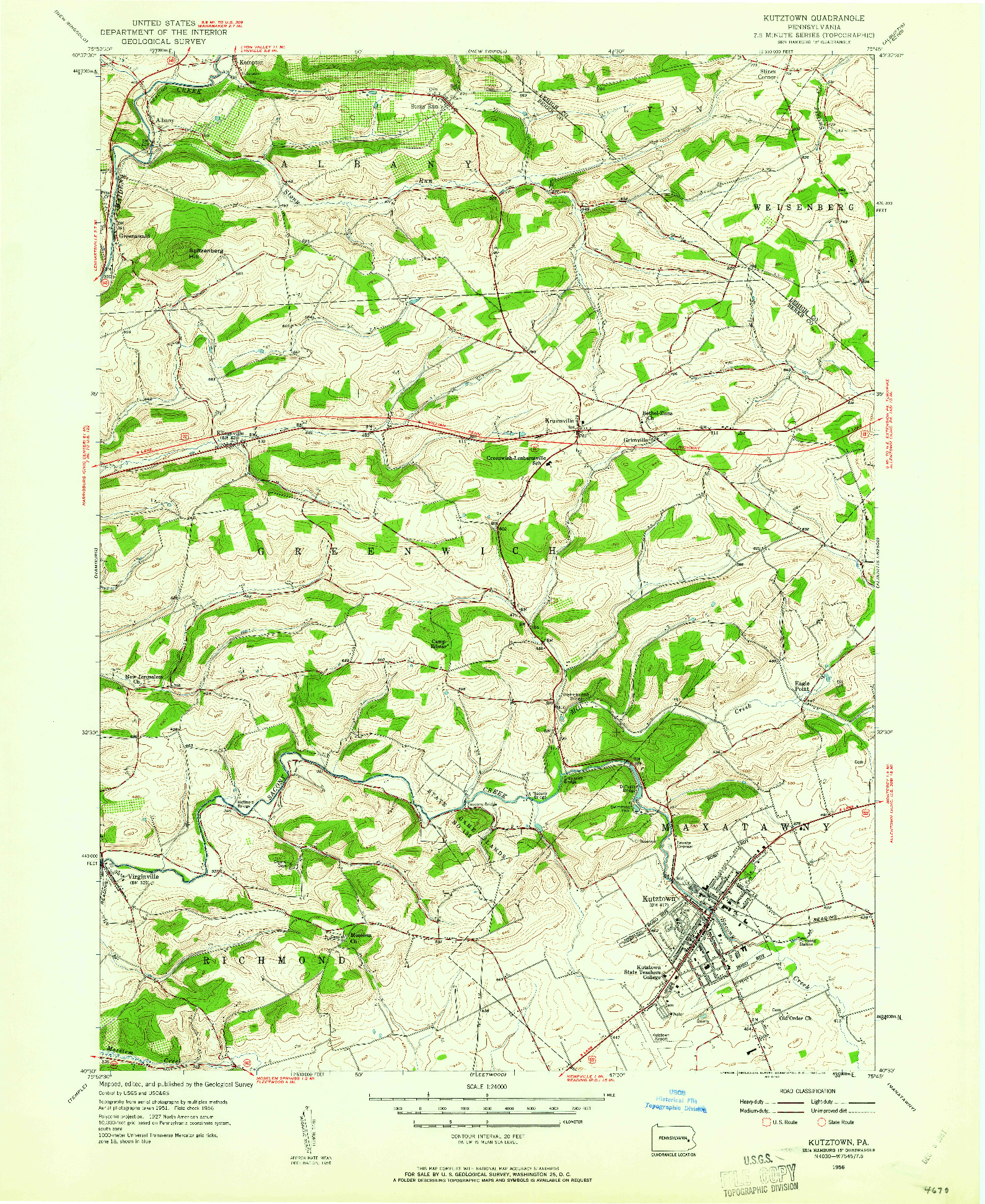 USGS 1:24000-SCALE QUADRANGLE FOR KUTZTOWN, PA 1956