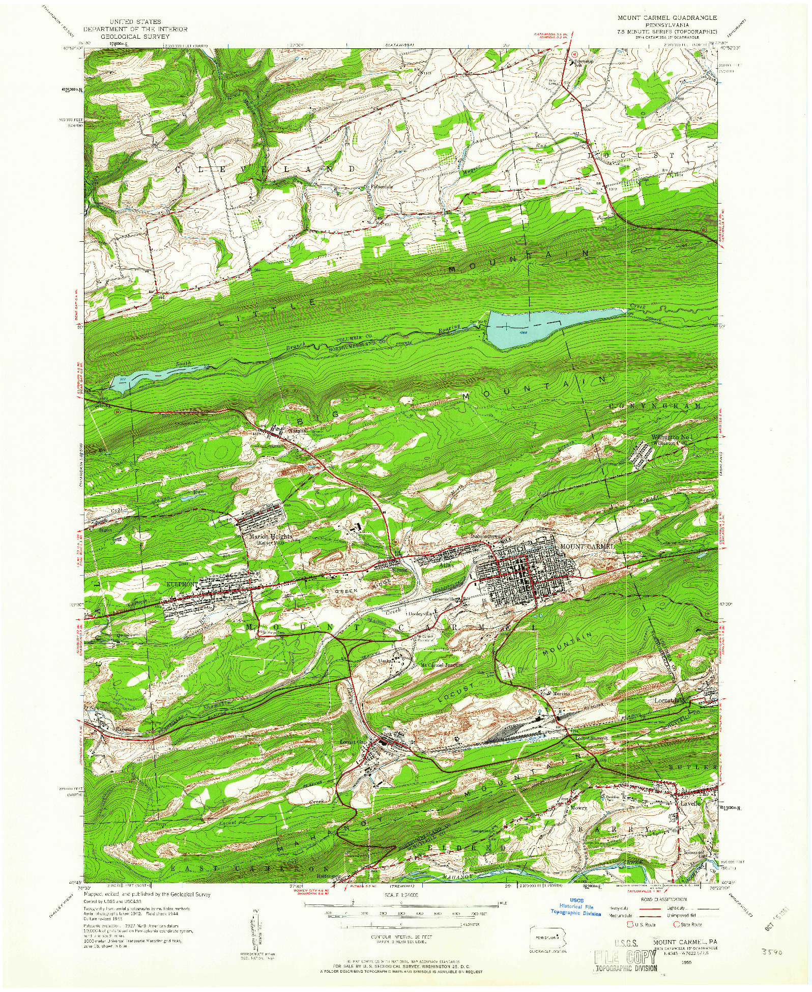 USGS 1:24000-SCALE QUADRANGLE FOR MOUNT CARMEL, PA 1955