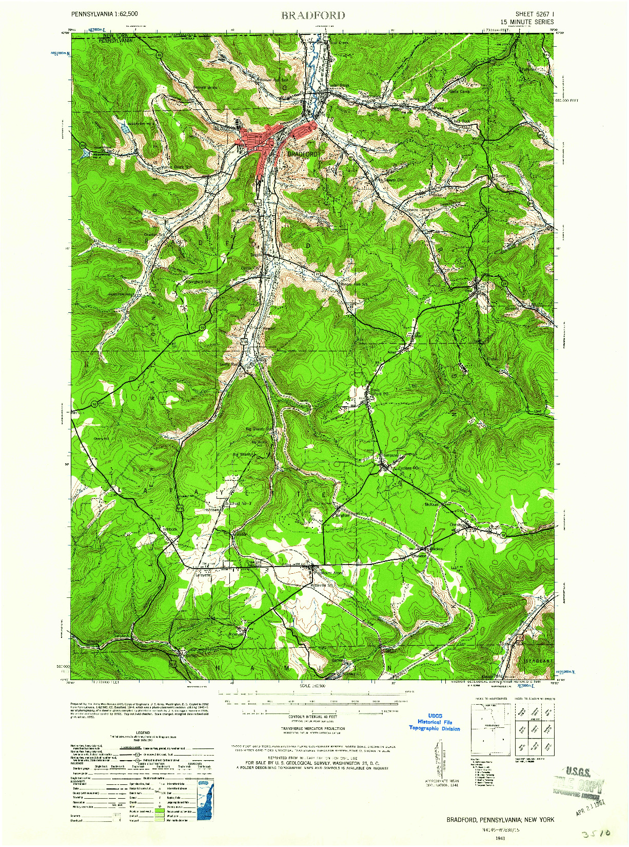 USGS 1:62500-SCALE QUADRANGLE FOR BRADFORD, PA 1941