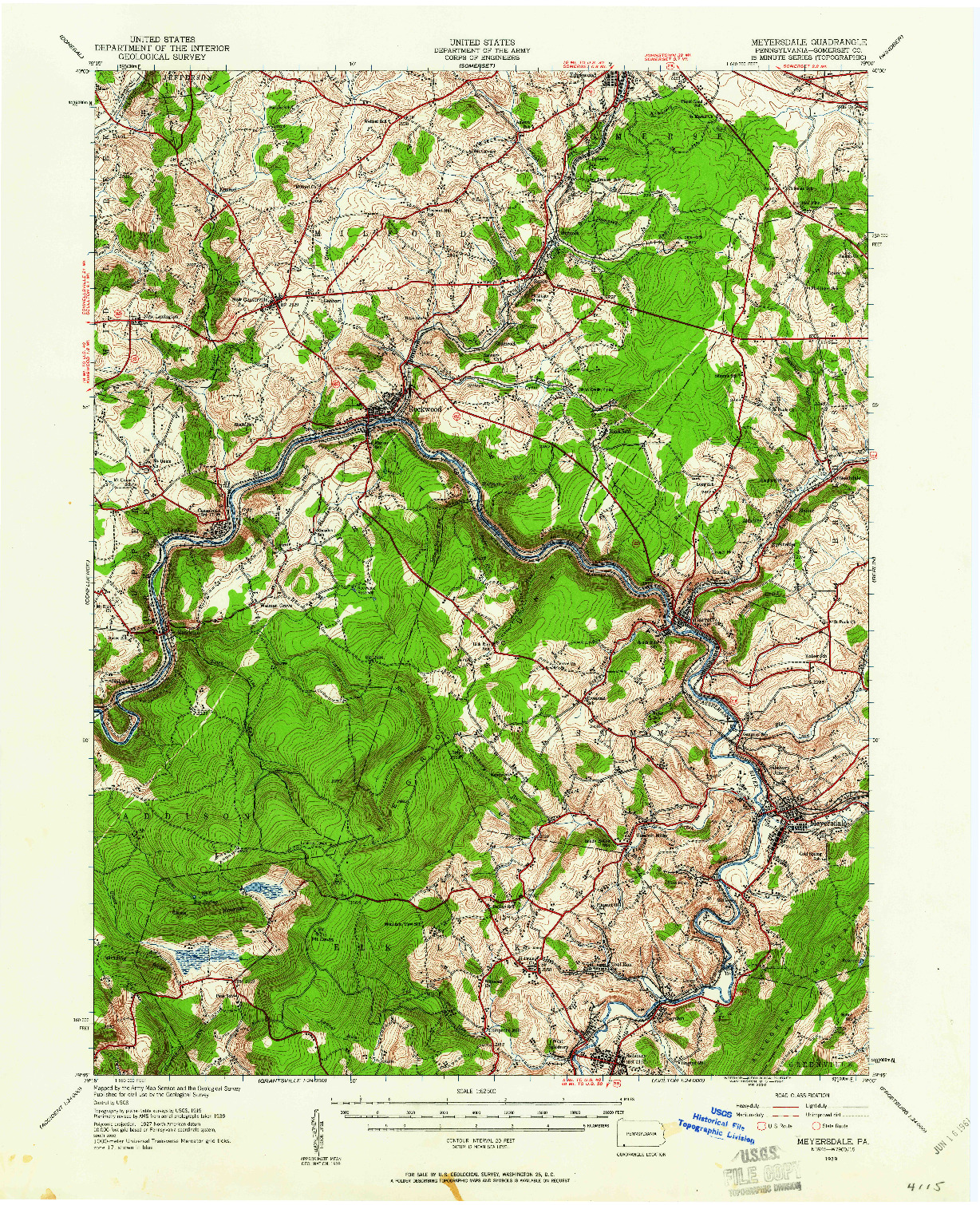 USGS 1:62500-SCALE QUADRANGLE FOR MEYERSDALE, PA 1939