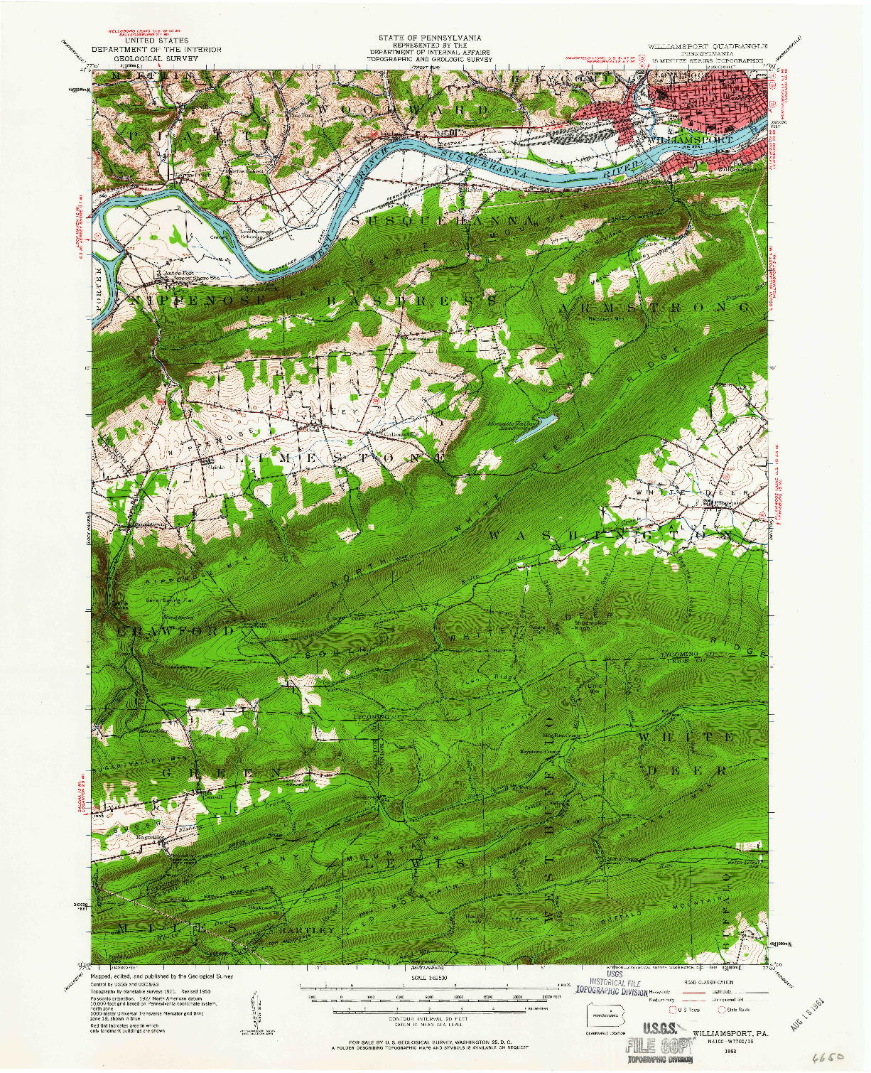 USGS 1:62500-SCALE QUADRANGLE FOR WILLIAMSPORT, PA 1953