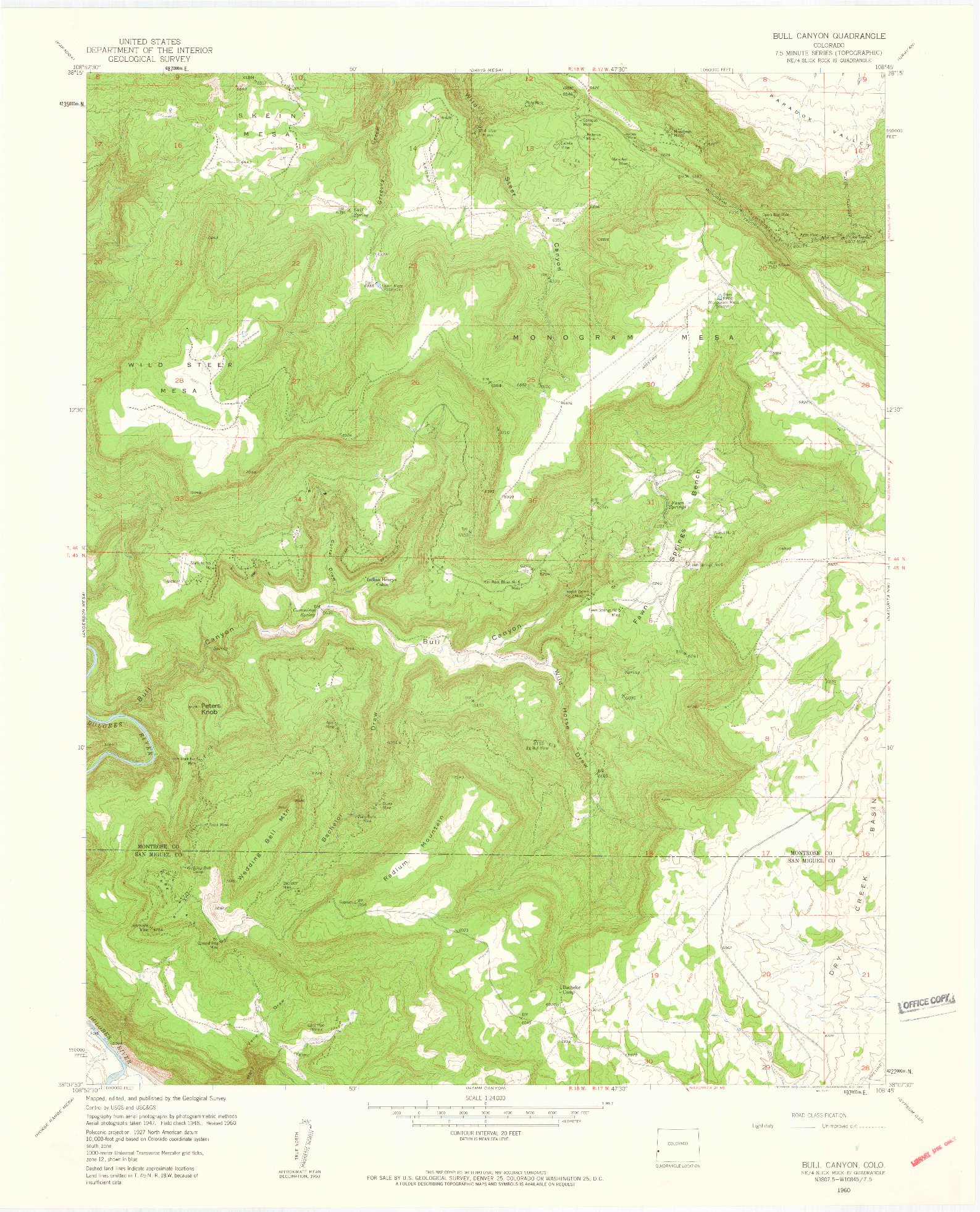 USGS 1:24000-SCALE QUADRANGLE FOR BULL CANYON, CO 1960