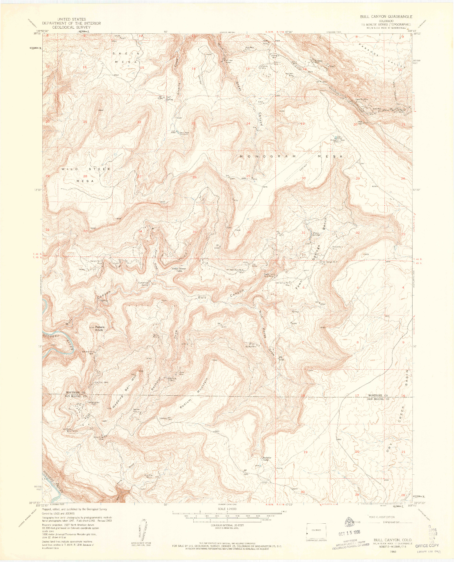 USGS 1:24000-SCALE QUADRANGLE FOR BULL CANYON, CO 1960