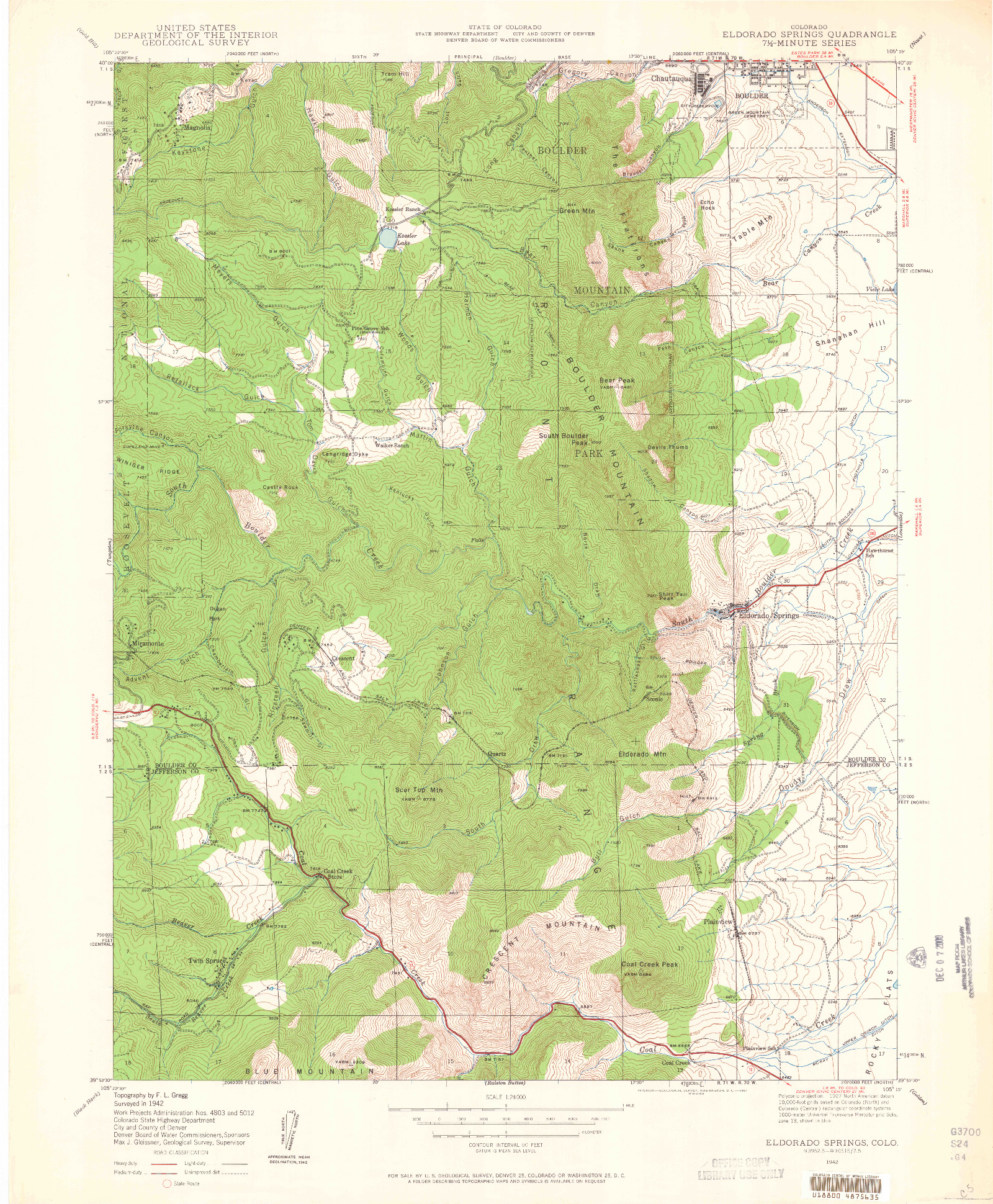 USGS 1:24000-SCALE QUADRANGLE FOR ELDORADO SPRINGS, CO 1942