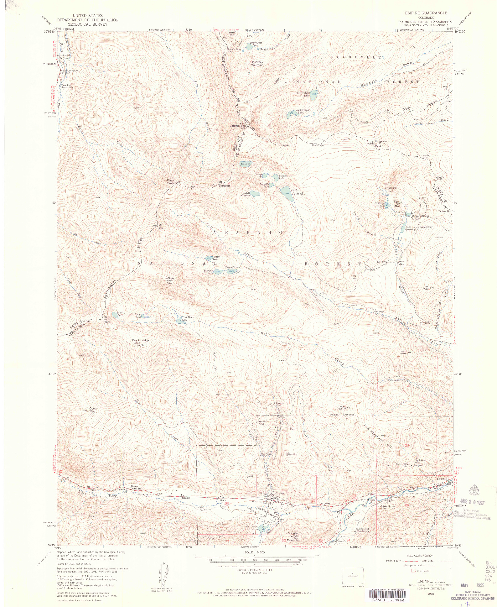 USGS 1:24000-SCALE QUADRANGLE FOR EMPIRE, CO 1958