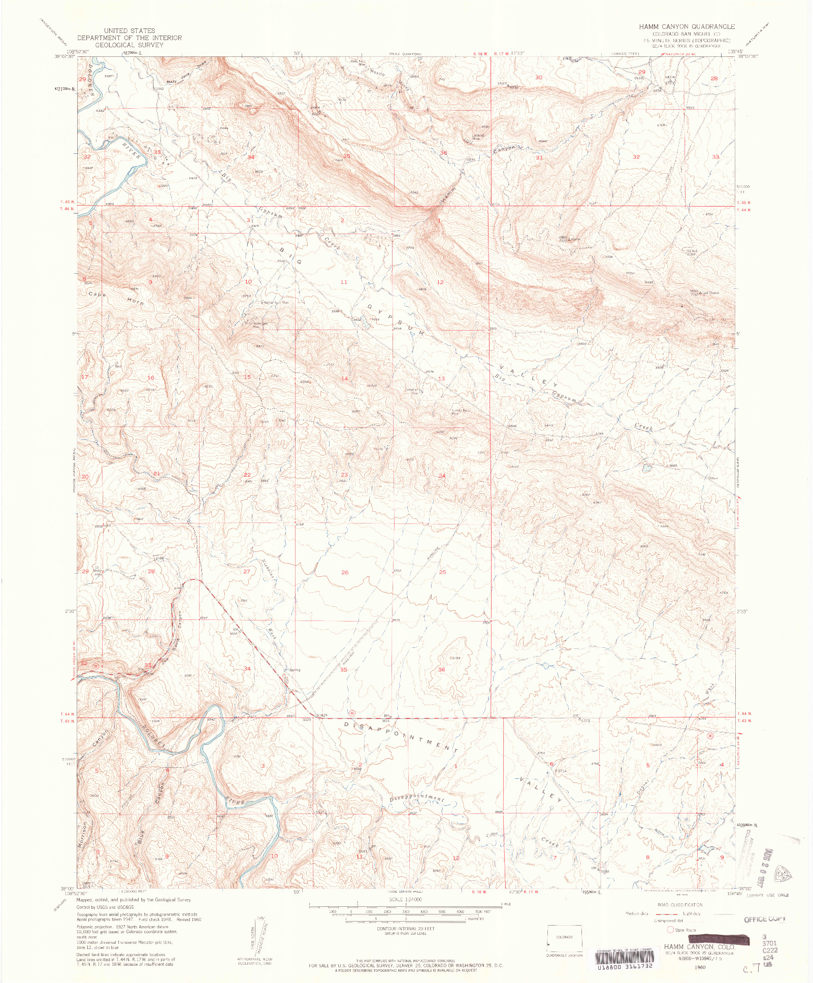 USGS 1:24000-SCALE QUADRANGLE FOR HAMM CANYON, CO 1960