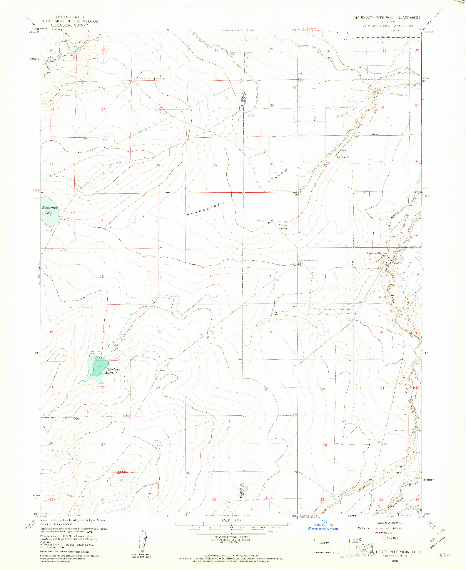 USGS 1:24000-SCALE QUADRANGLE FOR HARDESTY RESERVOIR, CO 1958