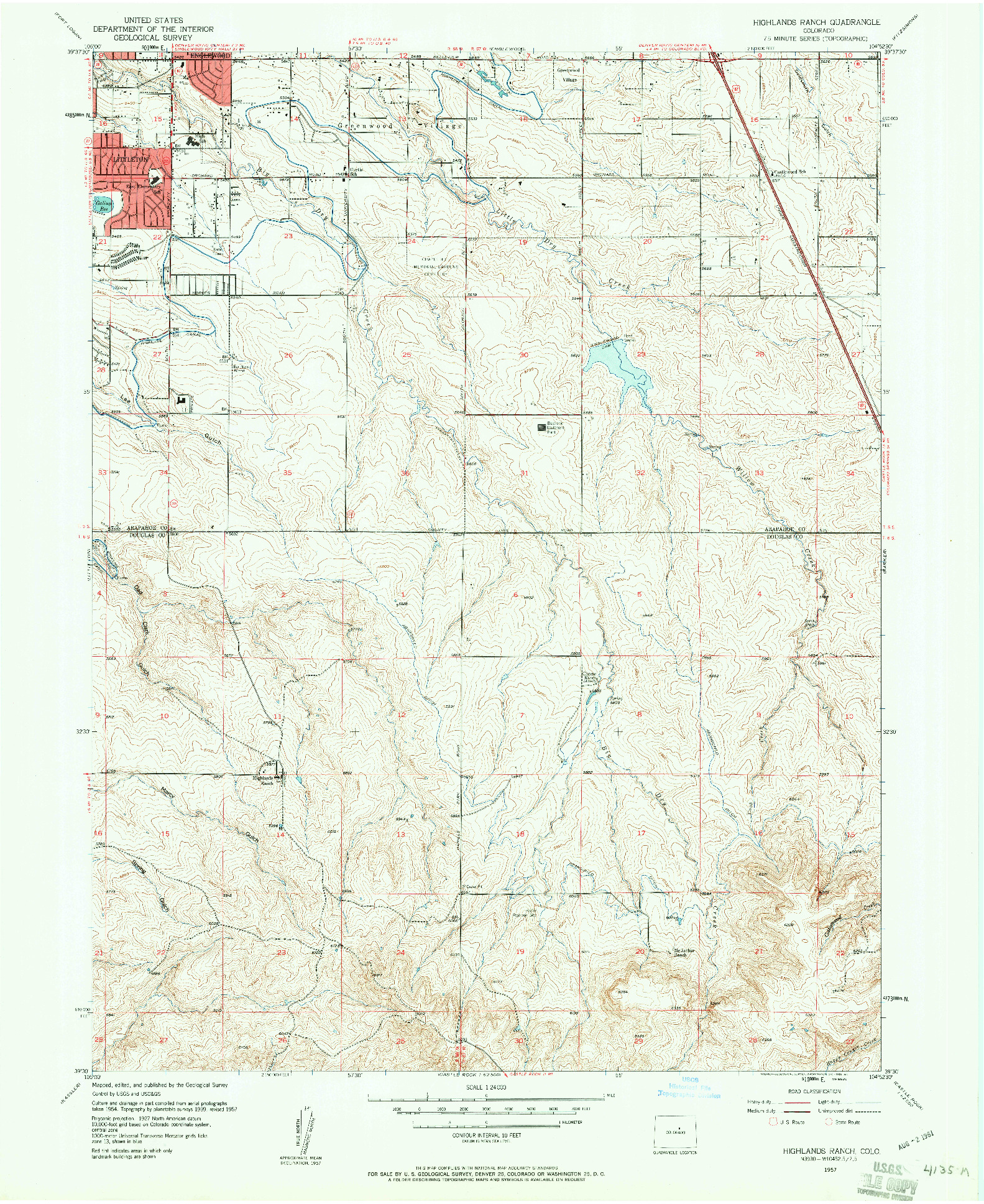 USGS 1:24000-SCALE QUADRANGLE FOR HIGHLANDS RANCH, CO 1957