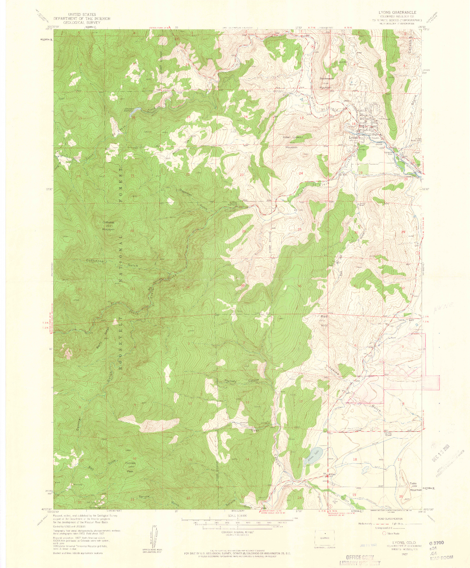 USGS 1:24000-SCALE QUADRANGLE FOR LYONS, CO 1957