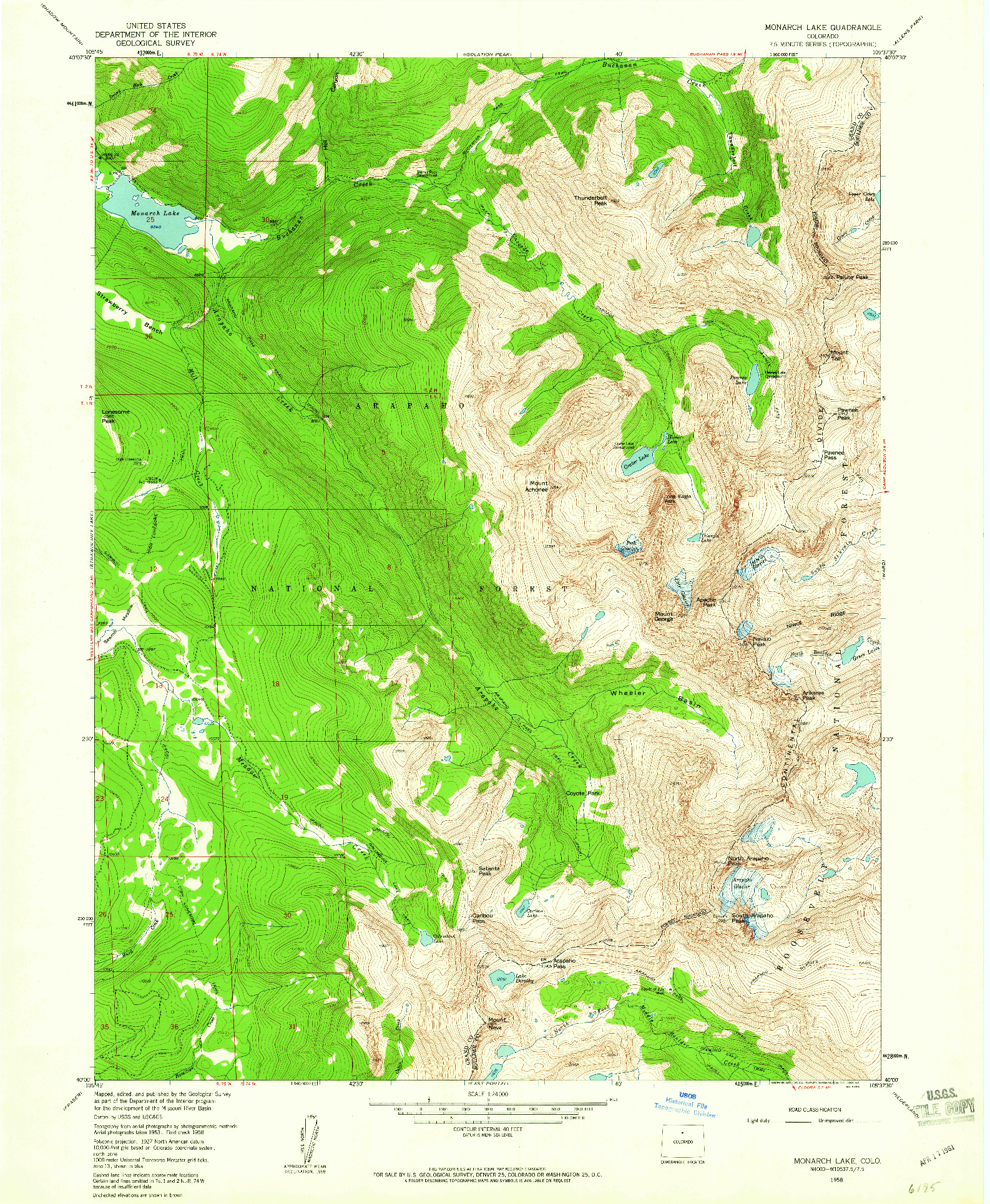 USGS 1:24000-SCALE QUADRANGLE FOR MONARCH LAKE, CO 1958