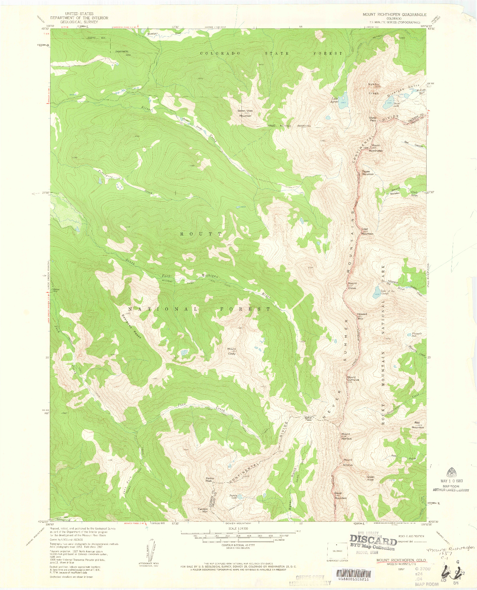 USGS 1:24000-SCALE QUADRANGLE FOR MOUNT RICHTHOFEN, CO 1957