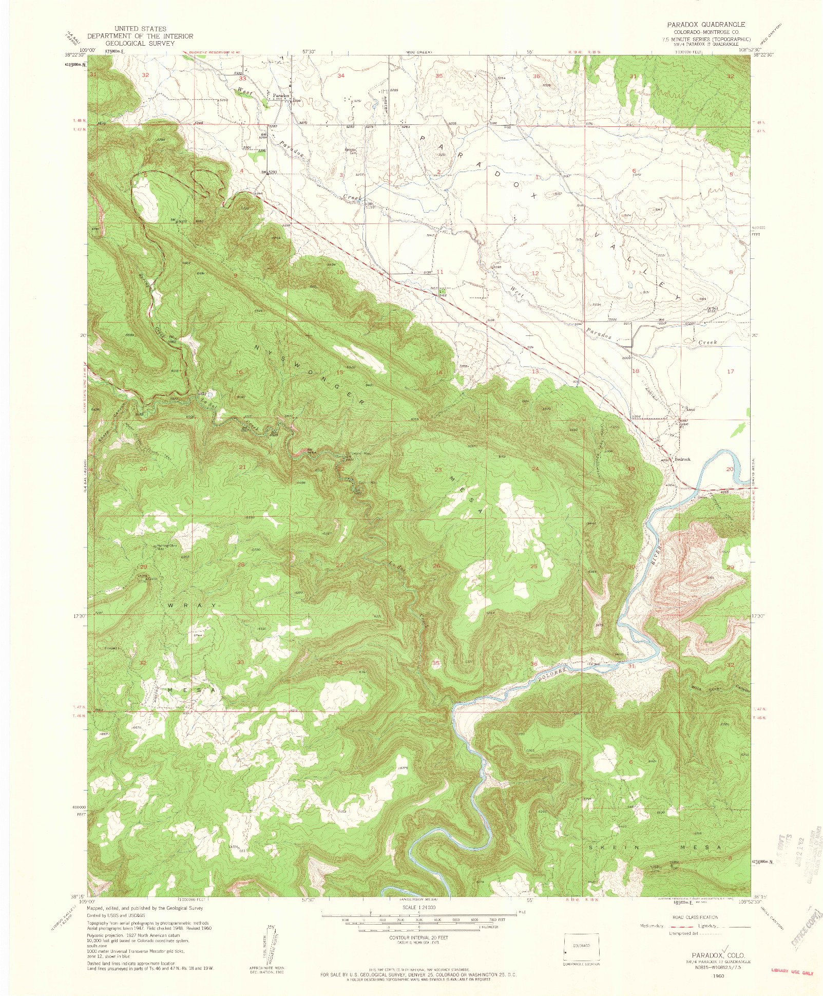 USGS 1:24000-SCALE QUADRANGLE FOR PARADOX, CO 1960