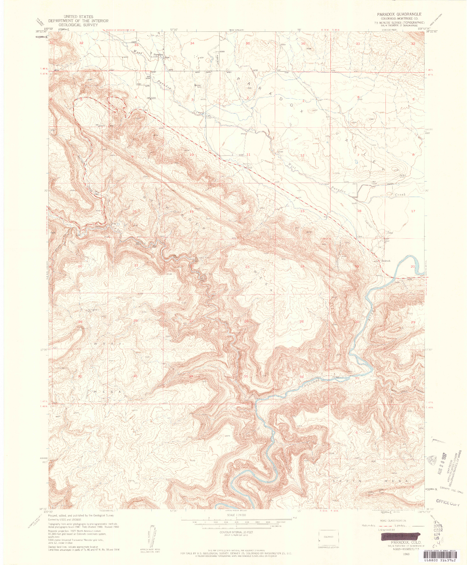 USGS 1:24000-SCALE QUADRANGLE FOR PARADOX, CO 1960