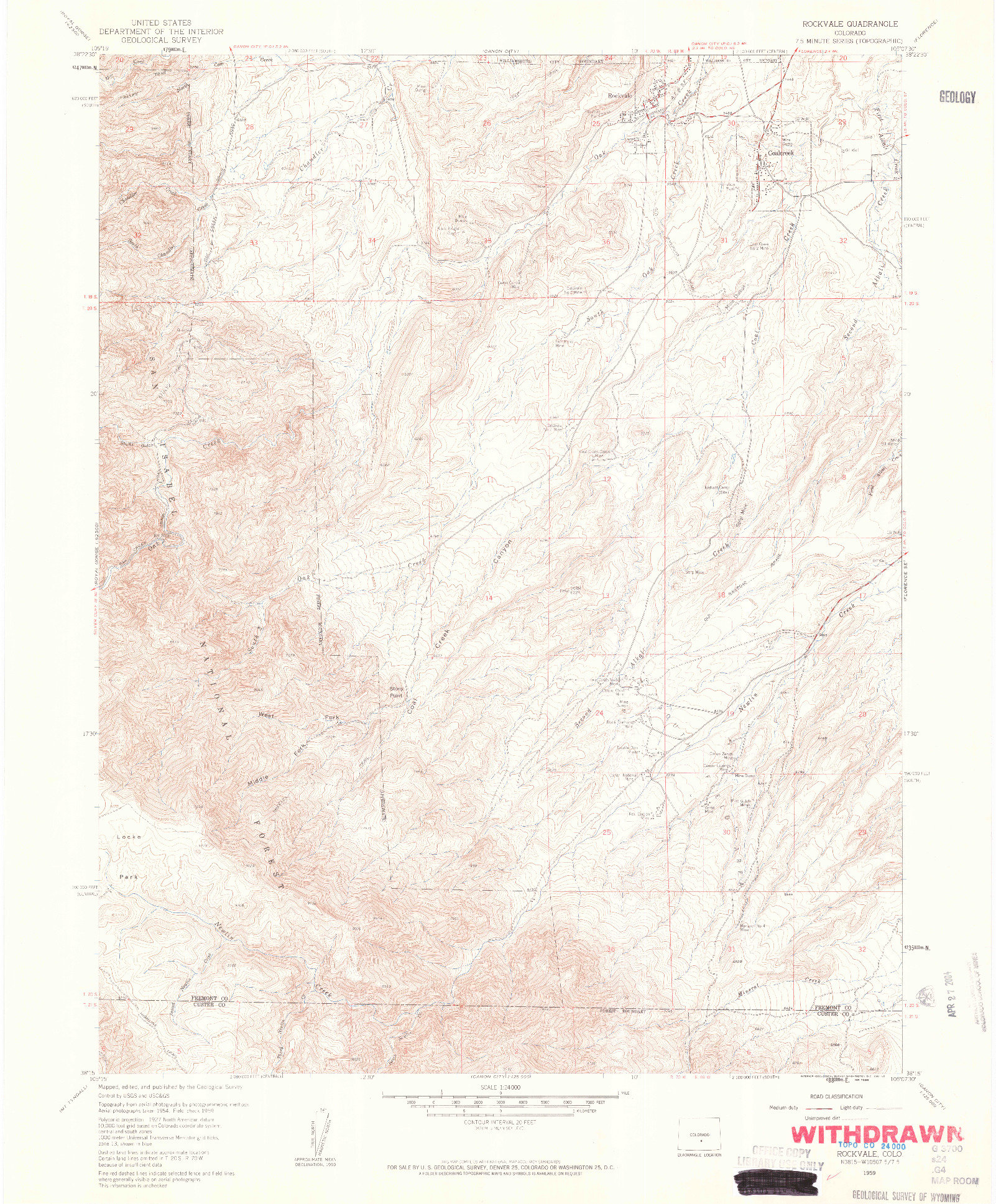 USGS 1:24000-SCALE QUADRANGLE FOR ROCKVALE, CO 1959