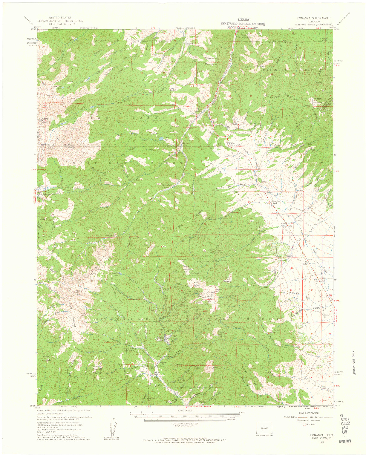 USGS 1:62500-SCALE QUADRANGLE FOR BONANZA, CO 1959