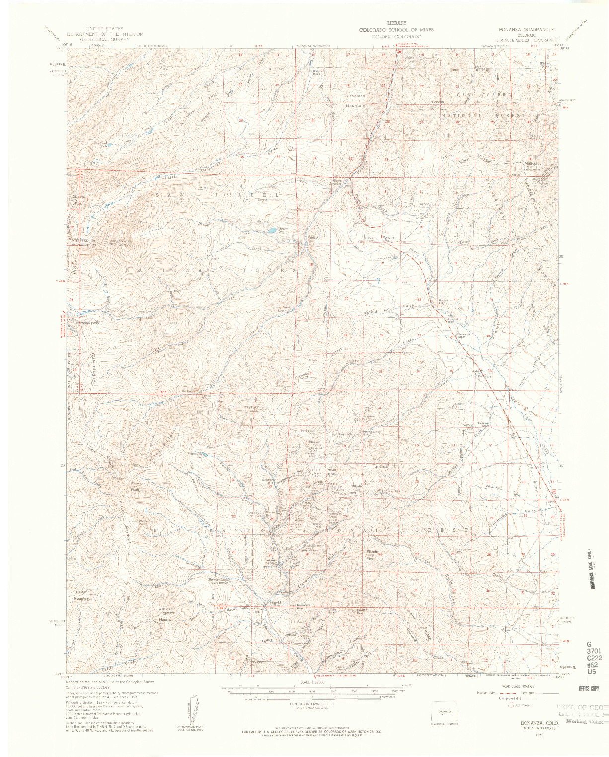 USGS 1:62500-SCALE QUADRANGLE FOR BONANZA, CO 1959