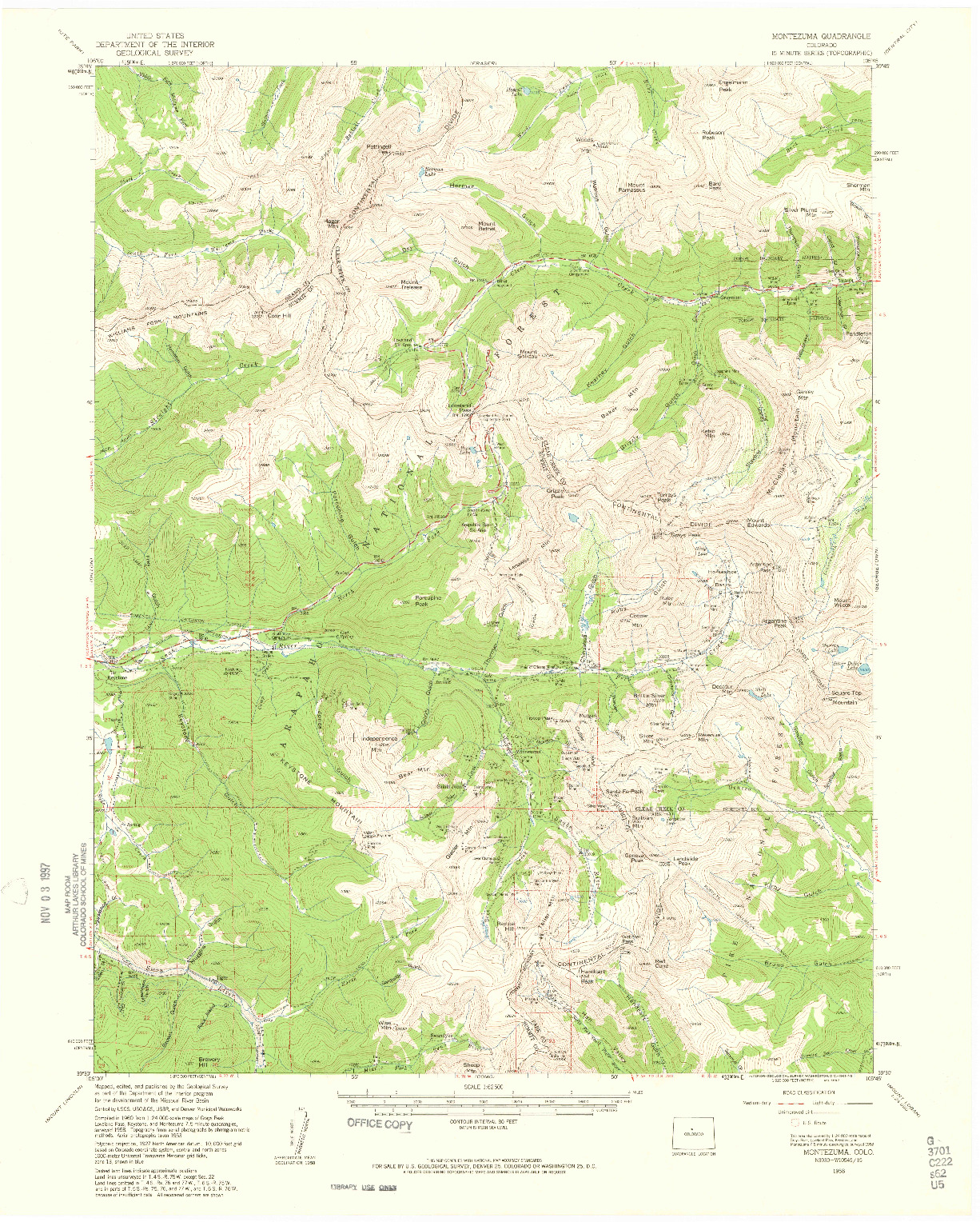 USGS 1:62500-SCALE QUADRANGLE FOR MONTEZUMA, CO 1958