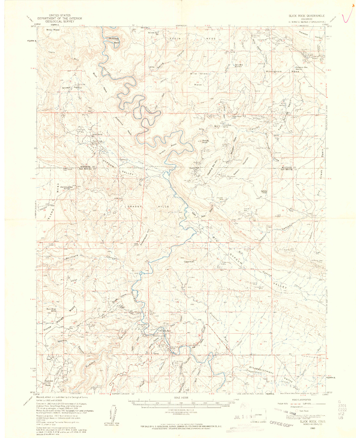 USGS 1:62500-SCALE QUADRANGLE FOR SLICK ROCK, CO 1960