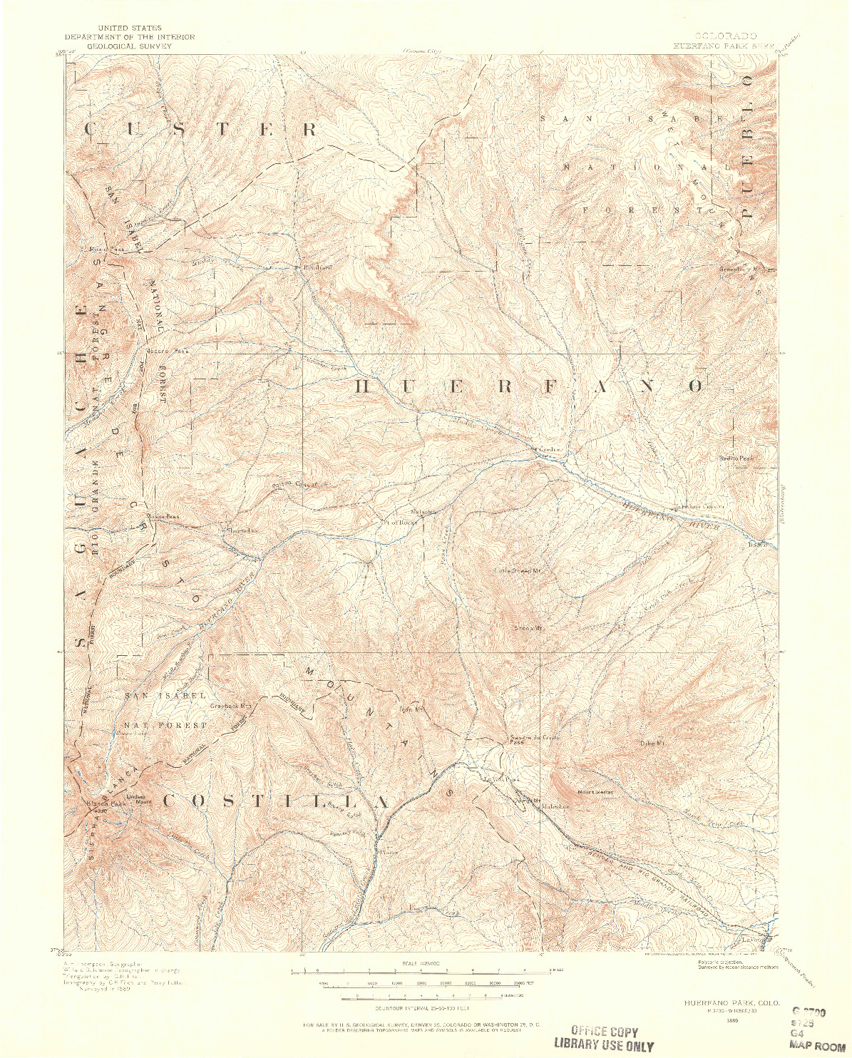 USGS 1:125000-SCALE QUADRANGLE FOR HUERFANO PARK, CO 1889