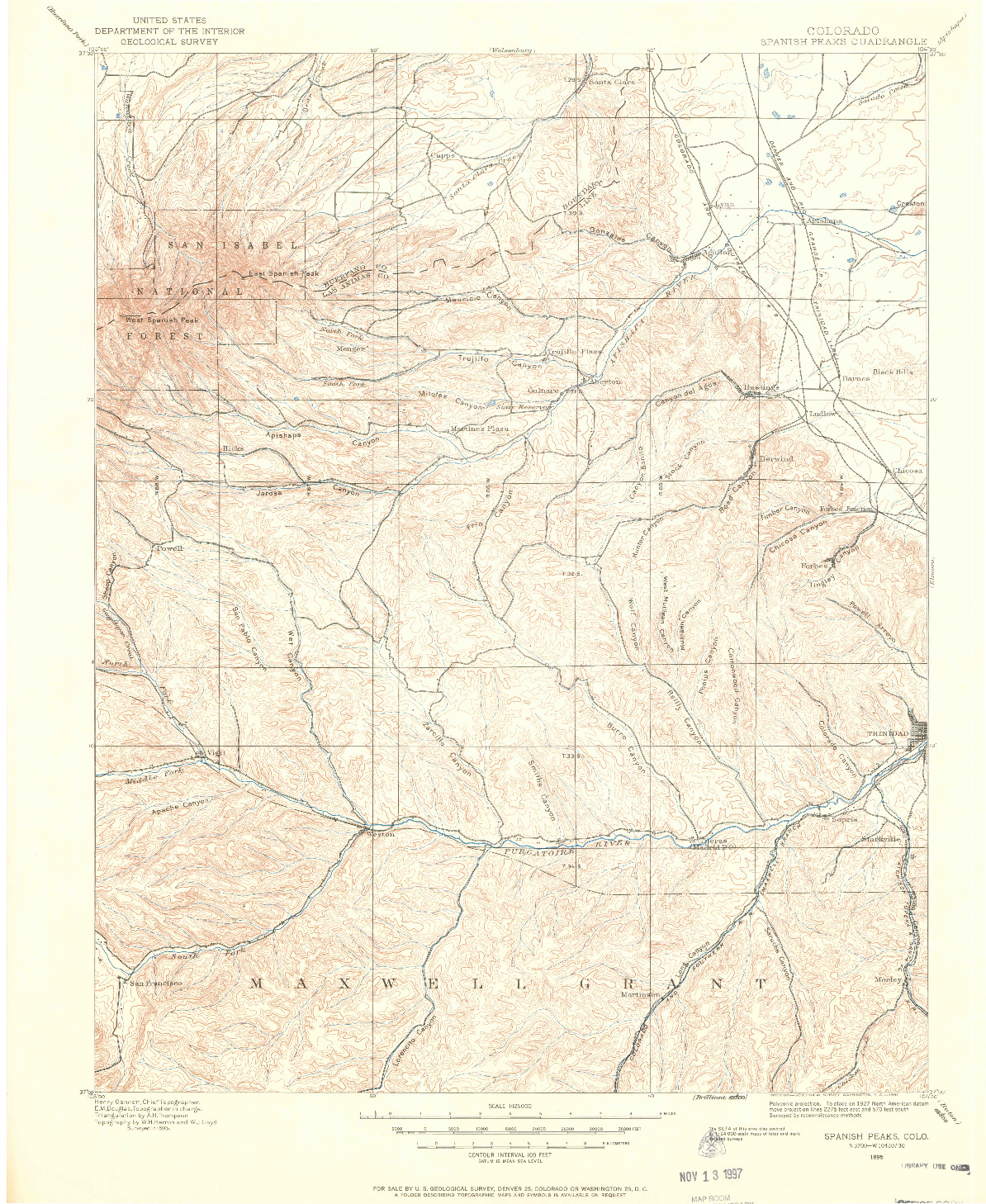 USGS 1:125000-SCALE QUADRANGLE FOR SPANISH PEAKS, CO 1895