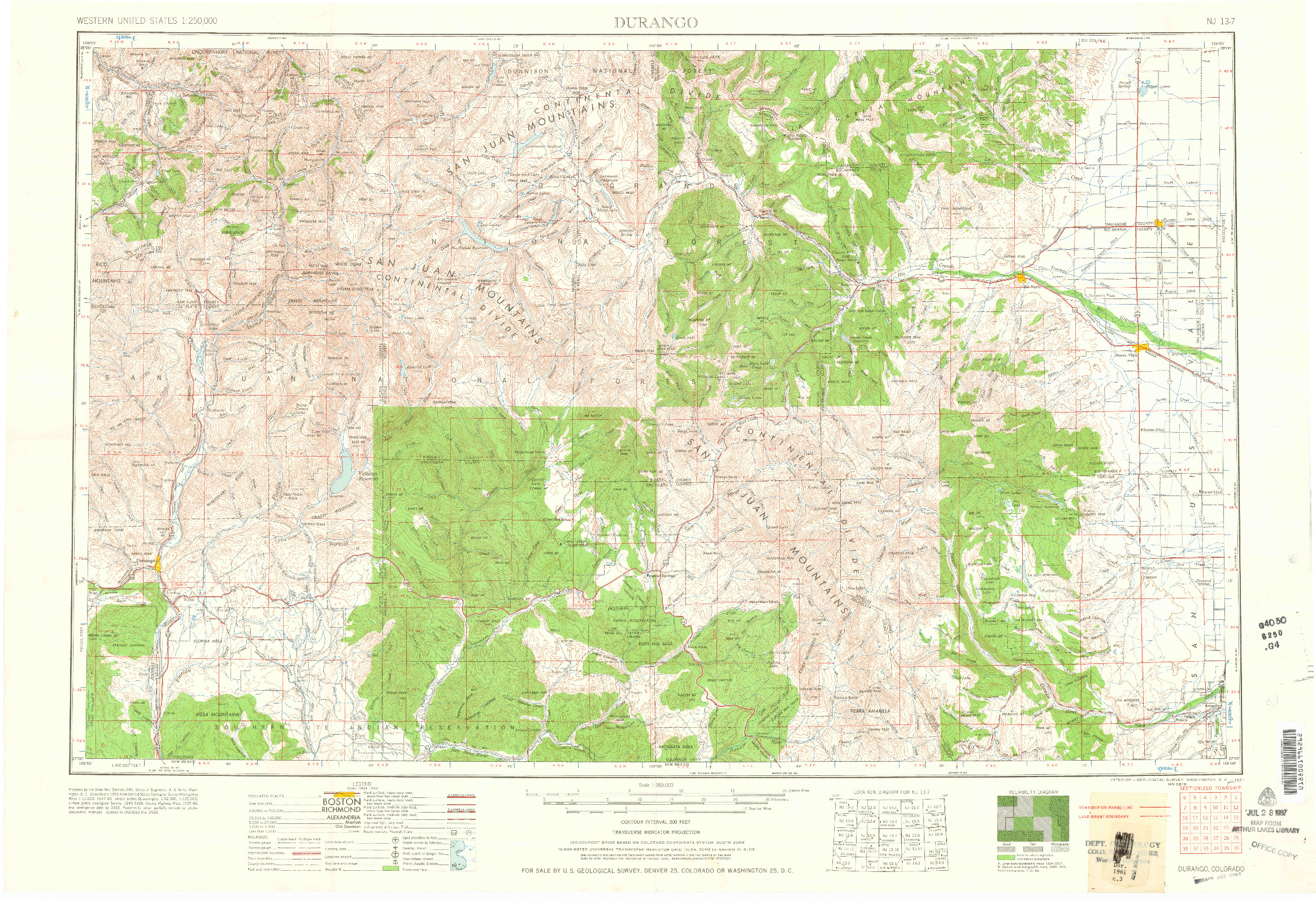 USGS 1:250000-SCALE QUADRANGLE FOR DURANGO, CO 1961